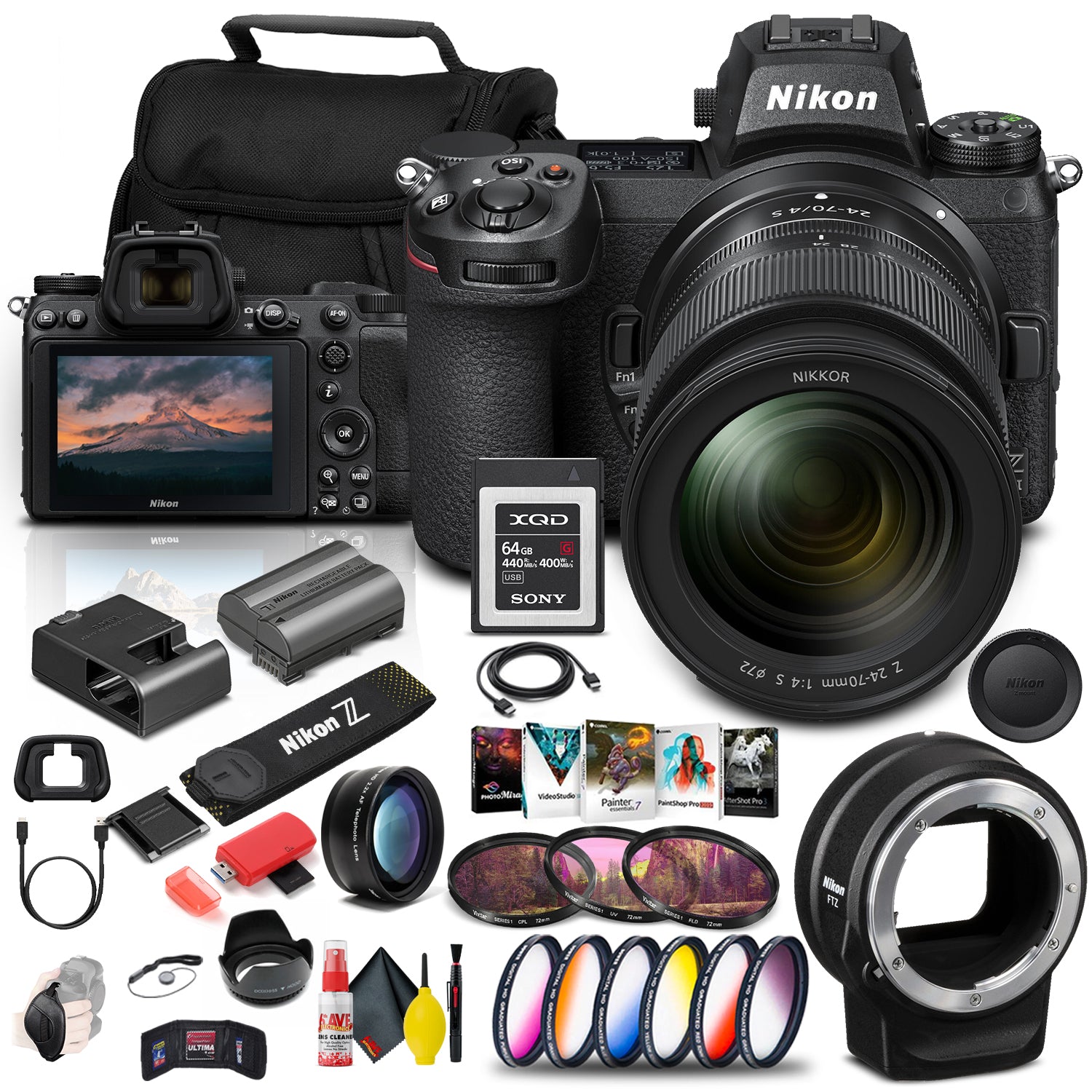 Nikon Z 6II Mirrorless Digital Camera 24.5MP with 24-70mm Lens (1663) + FTZ Mount + 64GB XQD Card + Corel Photo Software + Case + 3 Piece Filter Kit + Color Filter Kit + More - International Model