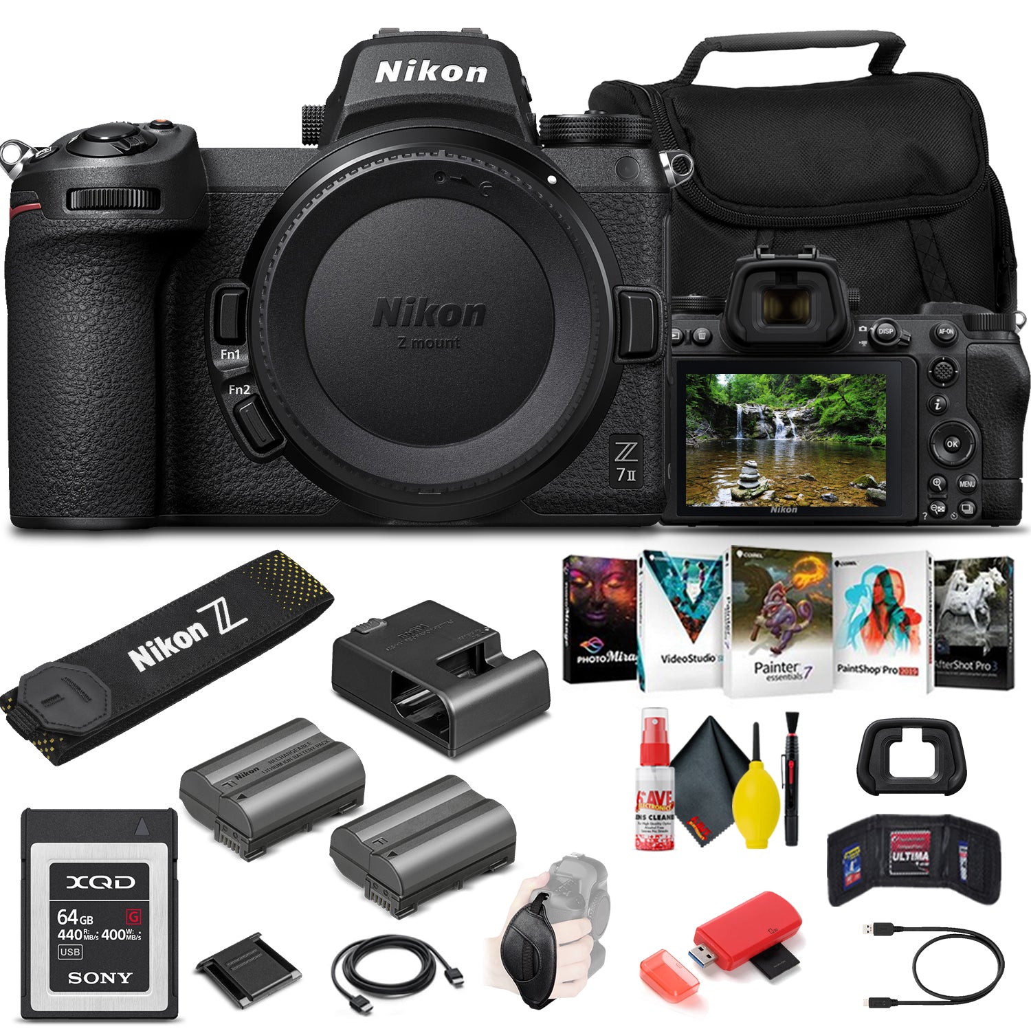 Nikon Z 7II Mirrorless Digital Camera 45.7MP (Body Only) (1653) + 64GB XQD Card + EN-EL15c Battery + Corel Software + Case + Card Reader + Cleaning Set + Hand Strap - International Model Bundle