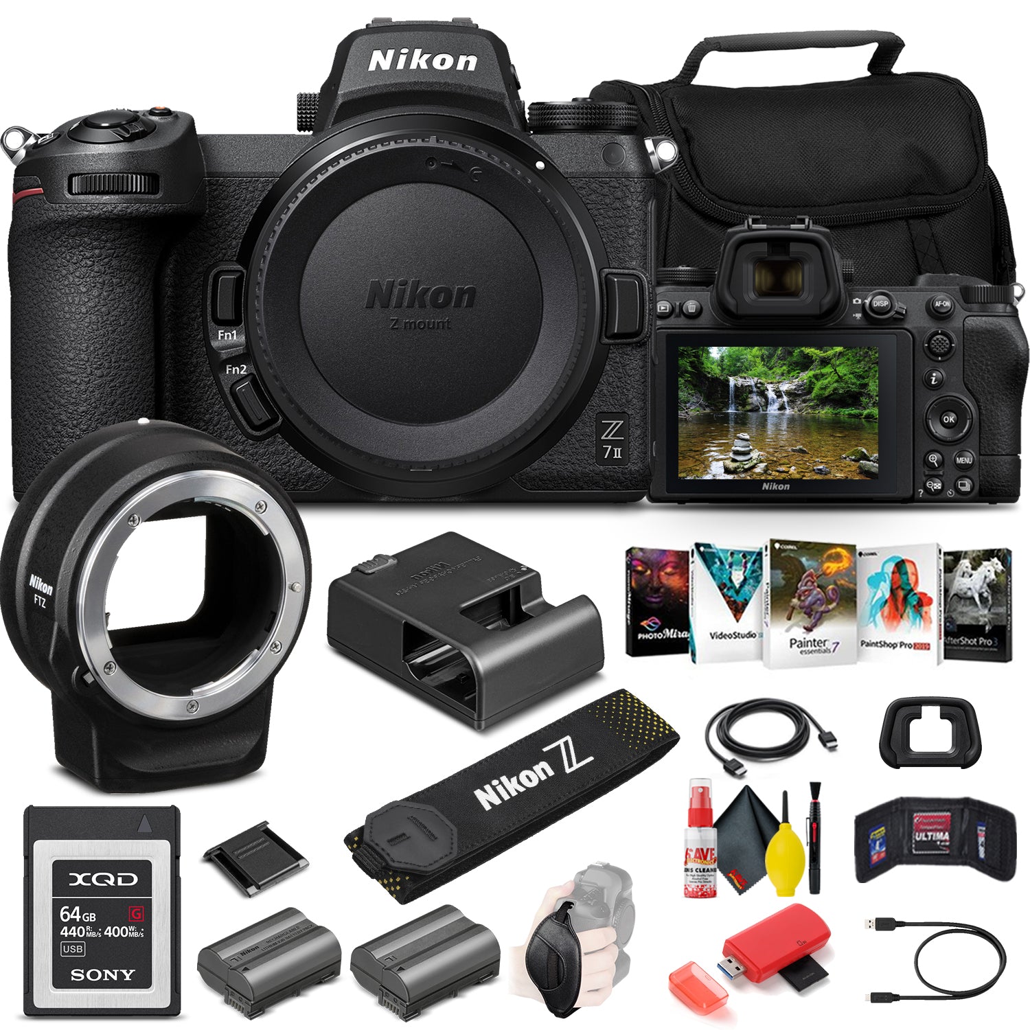 Nikon Z 7II Mirrorless Digital Camera 45.7MP (Body Only) (1653) + FTZ Mount + 64GB XQD Card + EN-EL15c Battery + Corel Photo Software + Case + Card Reader + Cleaning Set - International Model Bundle