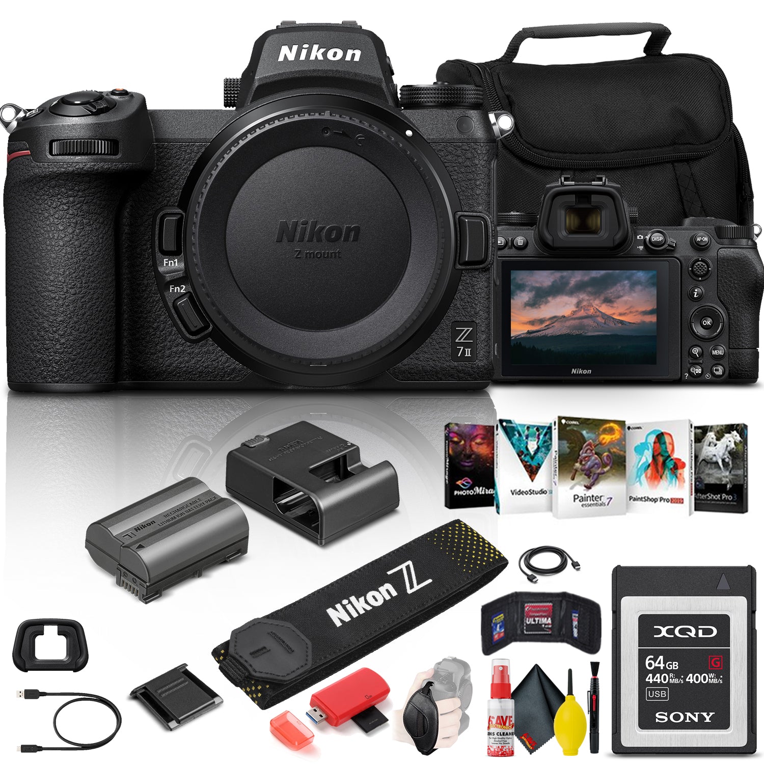 Nikon Z 7II Mirrorless Digital Camera 45.7MP (Body Only) (1653) + 64GB XQD Card + Corel Photo Software + Case + HDMI Cable + Card Reader + Cleaning Set + Hand Strap - International Model Bundle