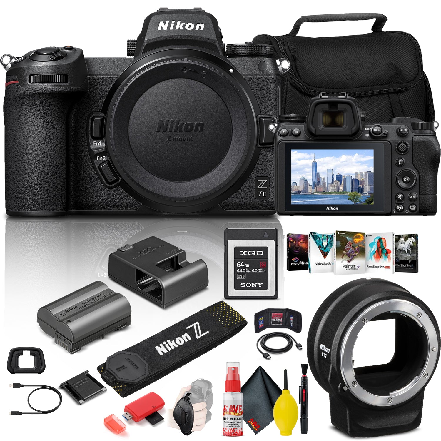 Nikon Z 7II Mirrorless Digital Camera 45.7MP (Body Only) (1653) + FTZ Mount + 64GB XQD Card + Corel Photo Software + Case + HDMI Cable + Card Reader + Cleaning Set - International Model Bundle