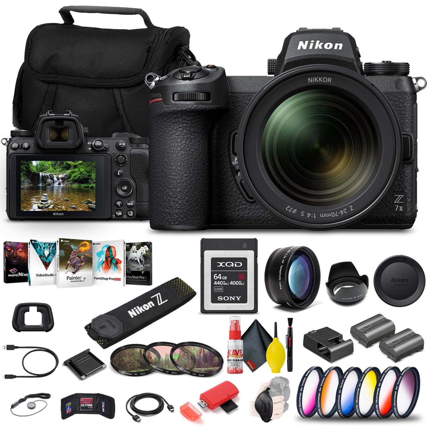 Nikon Z 7II Mirrorless Digital Camera 45.7MP with 24-70mm f/4 Lens (1656) + 64GB XQD Card + EN-EL15c Battery + Corel Software + Case + Color Filter Kit + Telephoto Lens - International Model Bundle