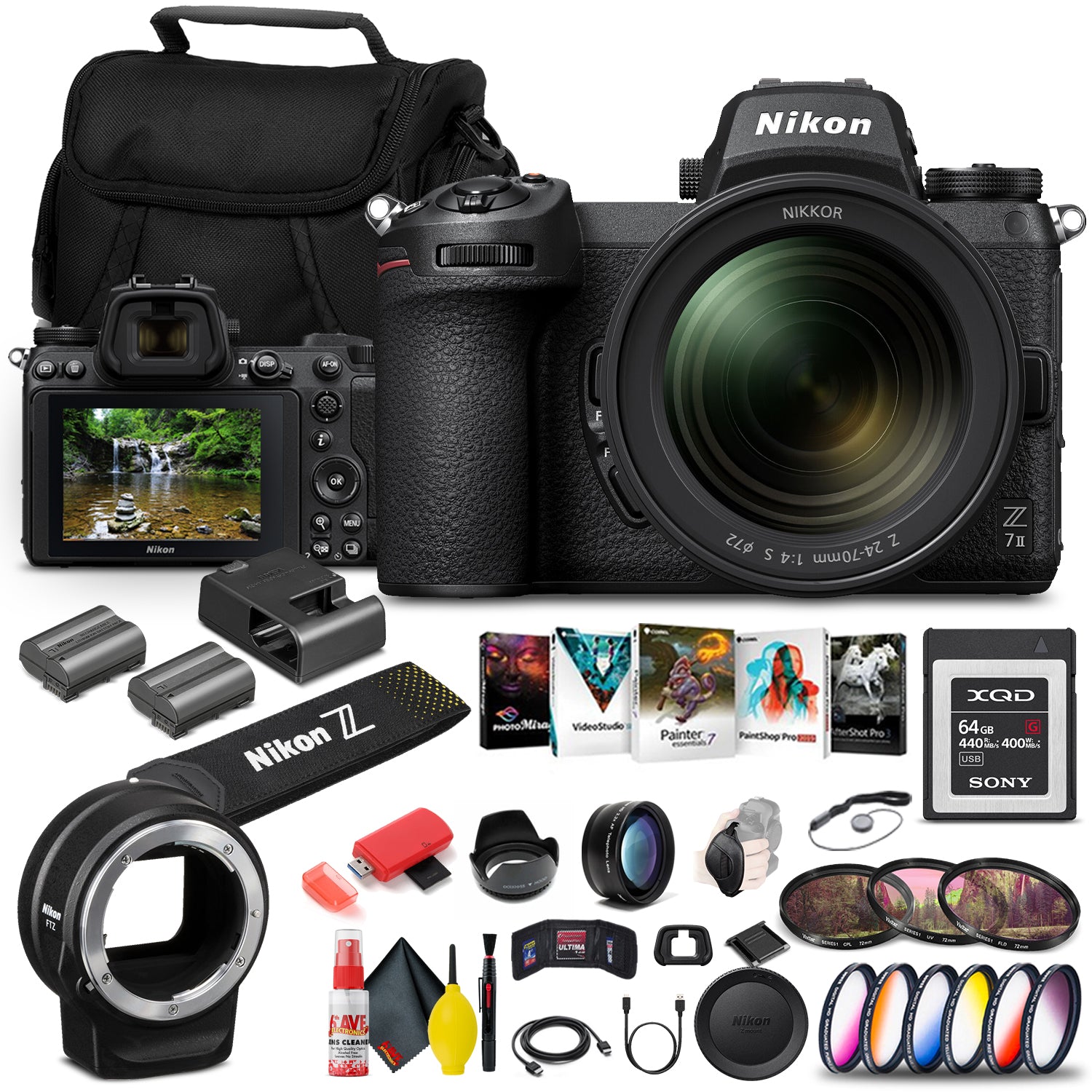 Nikon Z 7II Mirrorless Digital Camera 45.7MP with 24-70mm Lens (1656) + FTZ Mount + 64GB XQD Card + EN-EL15c Battery + Corel Software + Case + Color Filter Kit - International Model Bundle