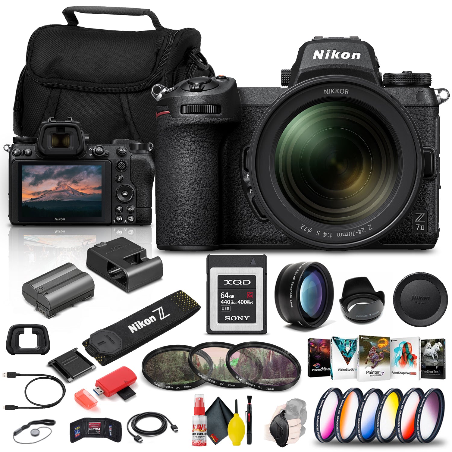 Nikon Z 7II Mirrorless Digital Camera 45.7MP with 24-70mm f/4 Lens (1656) + 64GB XQD Card + Corel Photo Software + Case + Color Filter Kit + Telephoto Lens - International Model Bundle