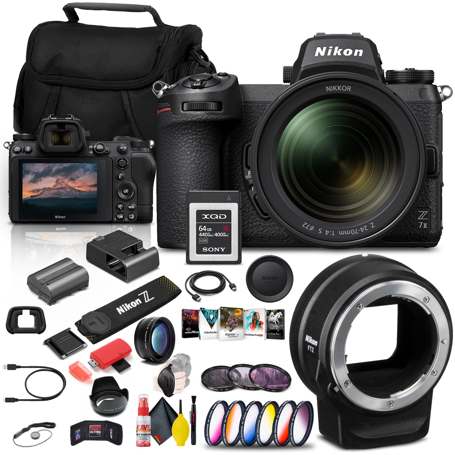 Nikon Z 7II Mirrorless Digital Camera 45.7MP with 24-70mm Lens (1656) + FTZ Mount + 64GB XQD Card + Corel Photo Software + Case + 3 Piece Filter Kit + Color Filter Kit - International Model Bundle