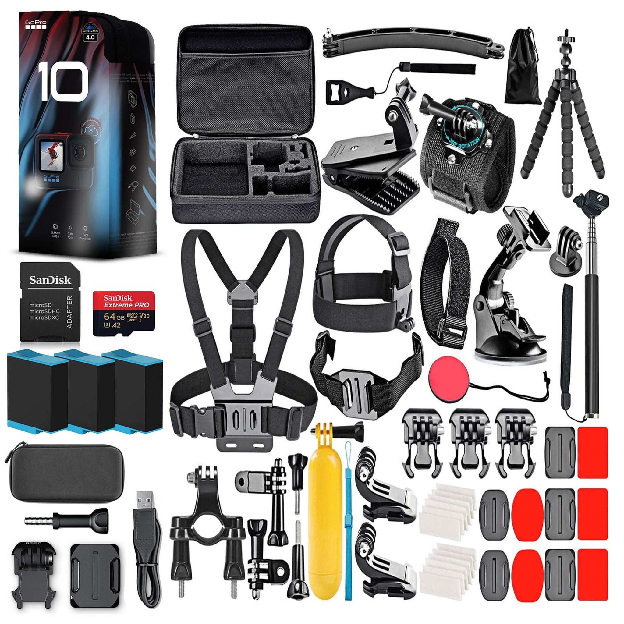GoPro HERO10 - Action Camera + 64GB Card, 50 Piece Accessory Kit and 2 Batteries - Used