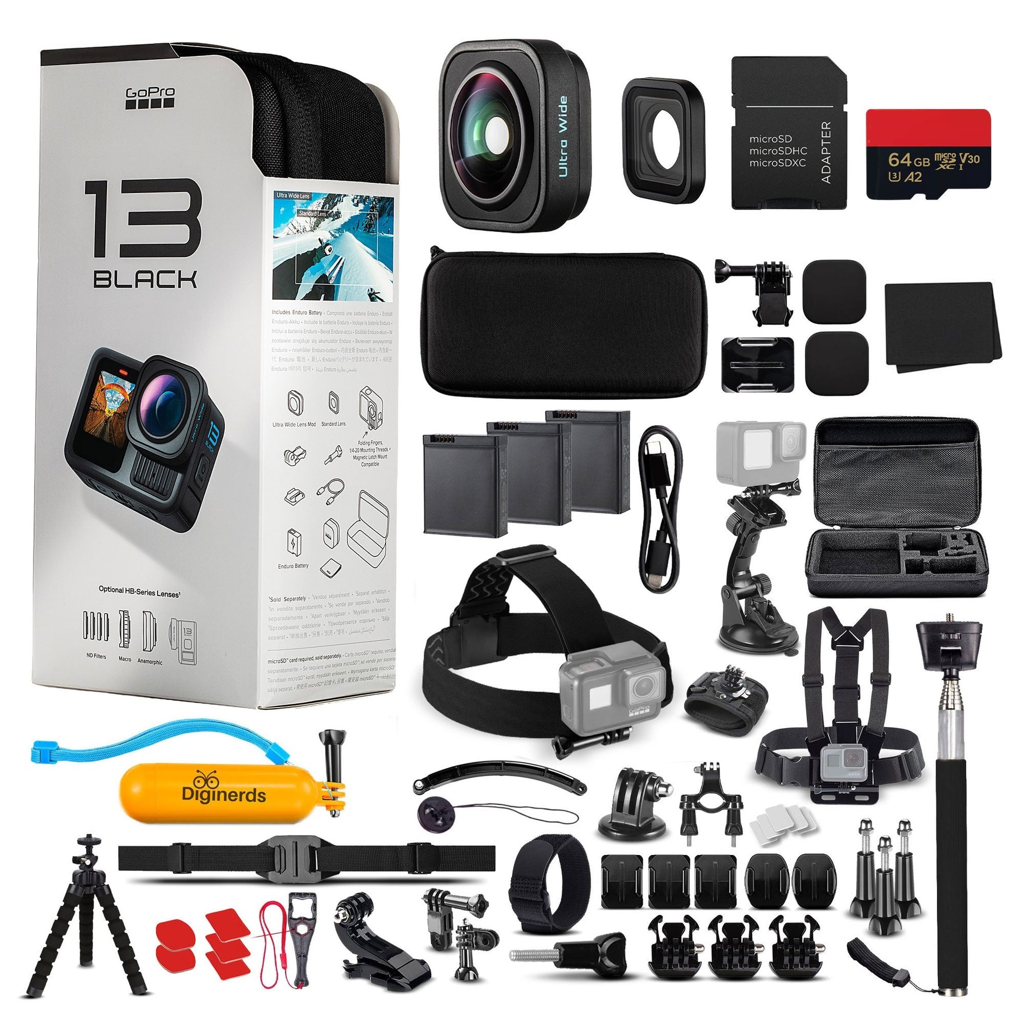 GoPro HERO13 Black Ultra Wide Edition - Action Camera + 64GB Card, 50 Piece Accessory Kit and 2 Batteries