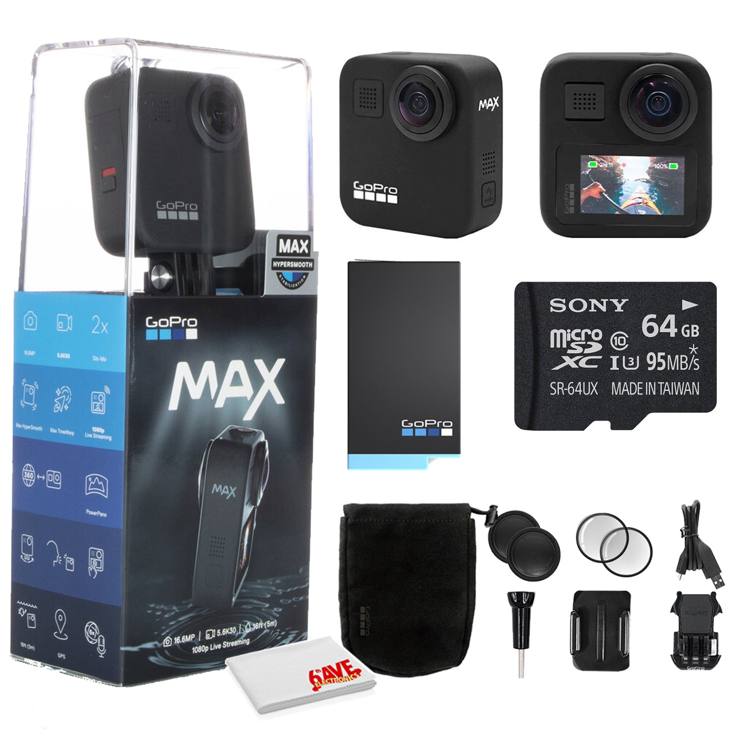 GoPro MAX 360 Waterproof Action Camera - With Cleaning Set + 64GB Memory Card and More.