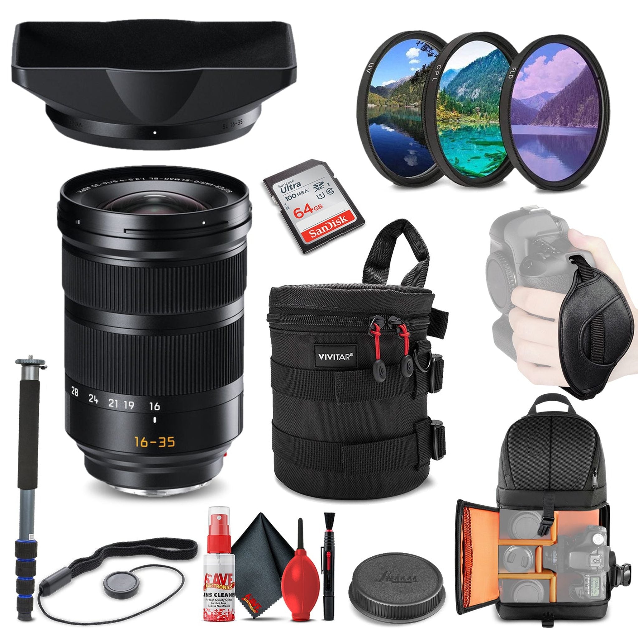 Leica Super-Vario-Elmar-SL 16-35mm f/3.5-4.5 ASPH. Lens 11177 + 64GB Memory Card + Padded Case + Filters + Full Size Monopod Bundle Leica