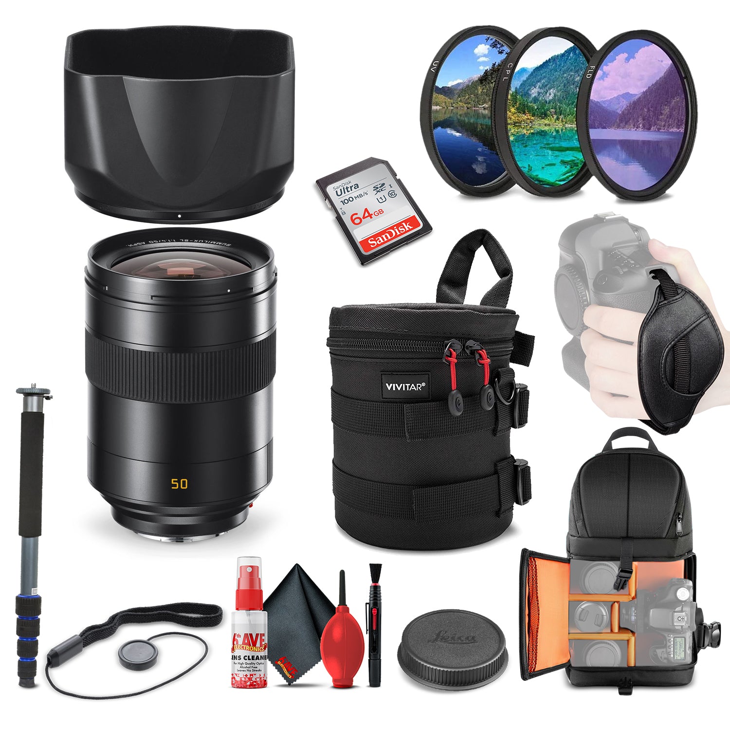 Leica Summilux-SL 50mm f/1.4 ASPH. Lens 11180 + 64GB Memory Card + Padded Case + Filters + BackPack + Full Size Monopod Bundle Leica