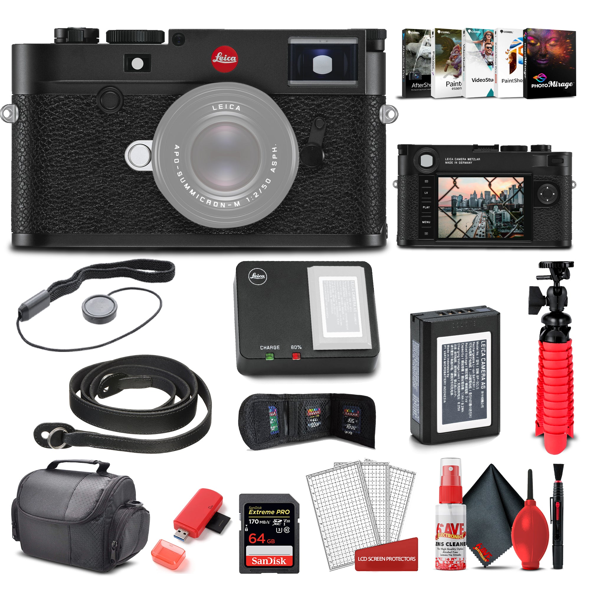 Leica M10 - R Digital Rangefinder Camera Black Chrome 20002 + 64GB Extreme Pro Card + Corel Photo Software + Card Reader + Case + Cleaning Set + Flex Tripod + Cap Keeper - Starter Bundle