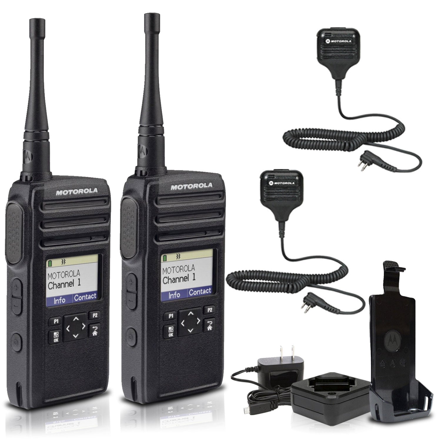 Motorola DTR700 900 MHz Digital 2-Way Radio 50 Channels + 2 x HKLN4606 Remote Speaker Mic 2-Pack