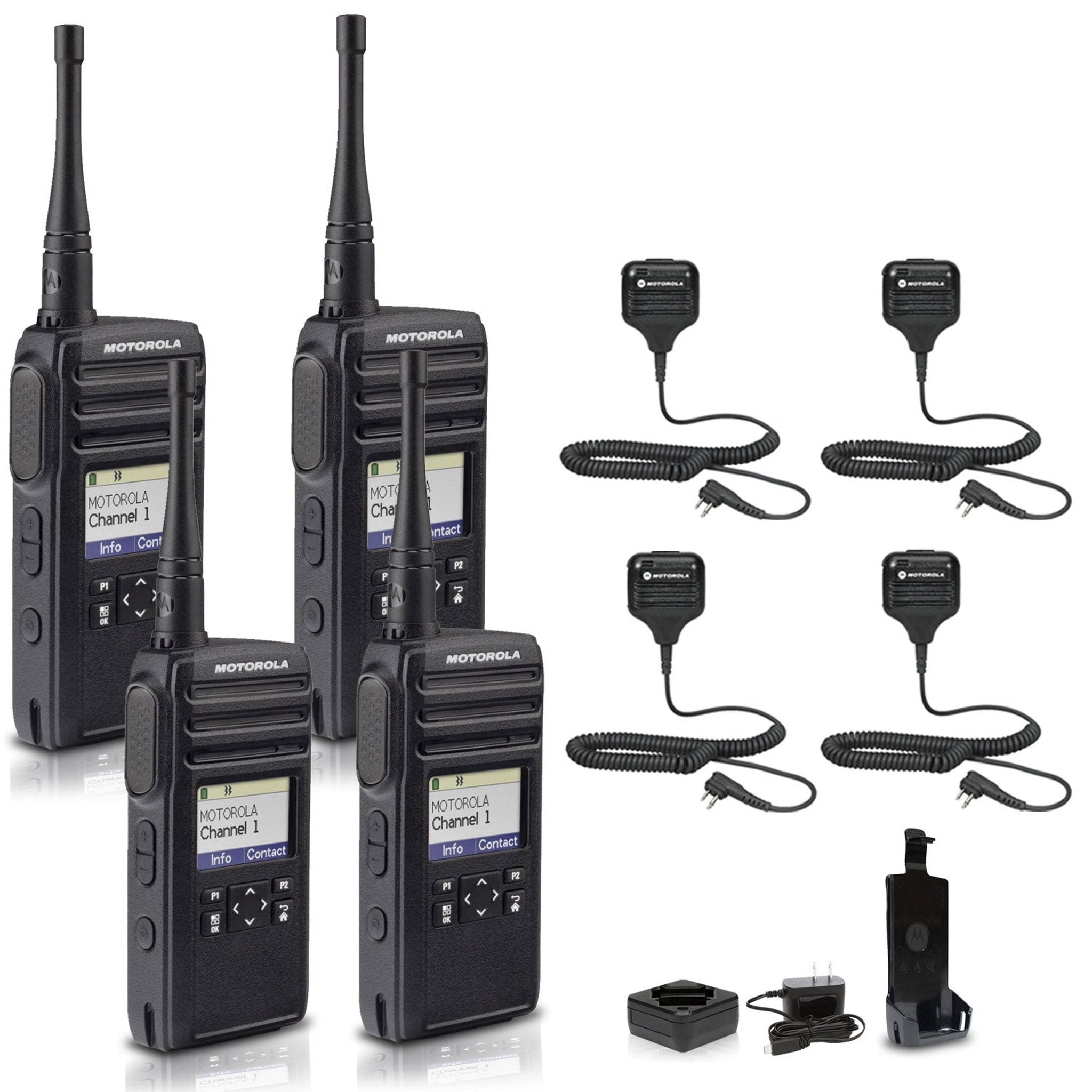 Motorola DTR700 900 MHz Digital 2-Way Radio 50 Channels + 4 x HKLN4606 Remote Speaker Mic 4-Pack Motorola Solutions