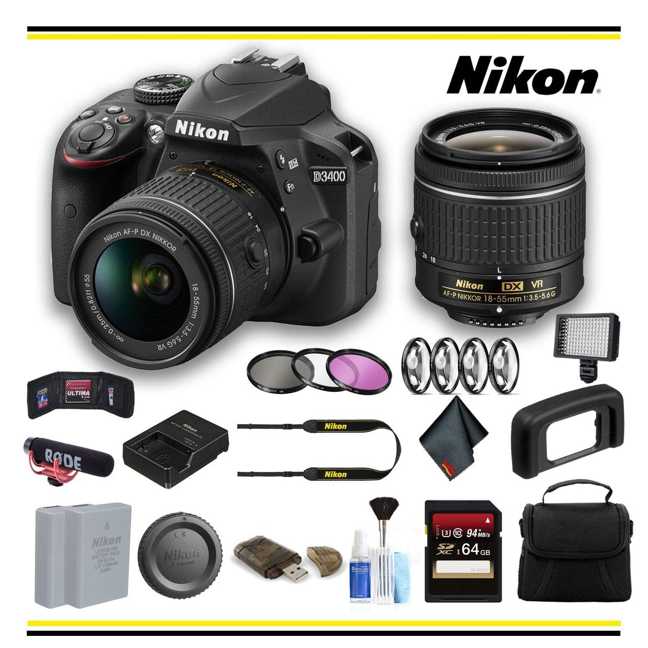 Nikon D3400 DSLR Camera with 18-55mm Lens (1571) Advanced Bundle W/Bag, Extra Battery, LED Light, Mic, Filters and More