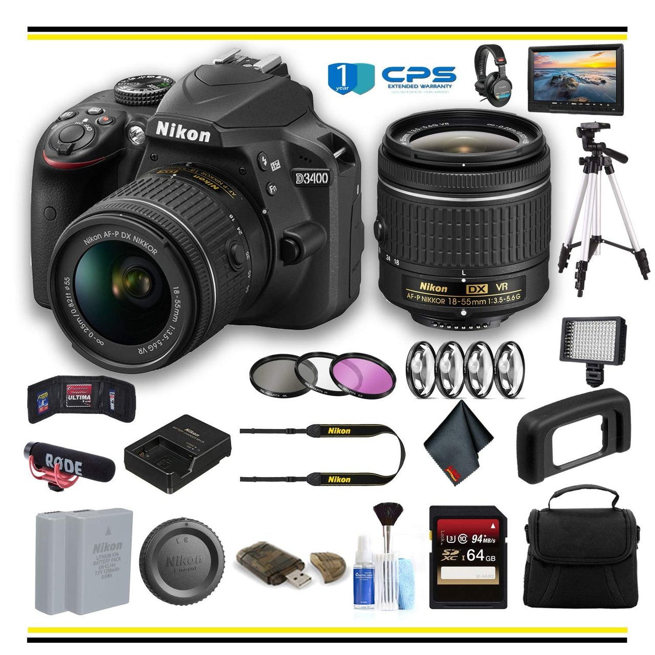 Nikon D3400 DSLR Camera with 18-55mm Lens (1571) Professional Bundle W/Bag, Extra Battery, LED Light, Mic, Filters, Tripod, Monitor and More