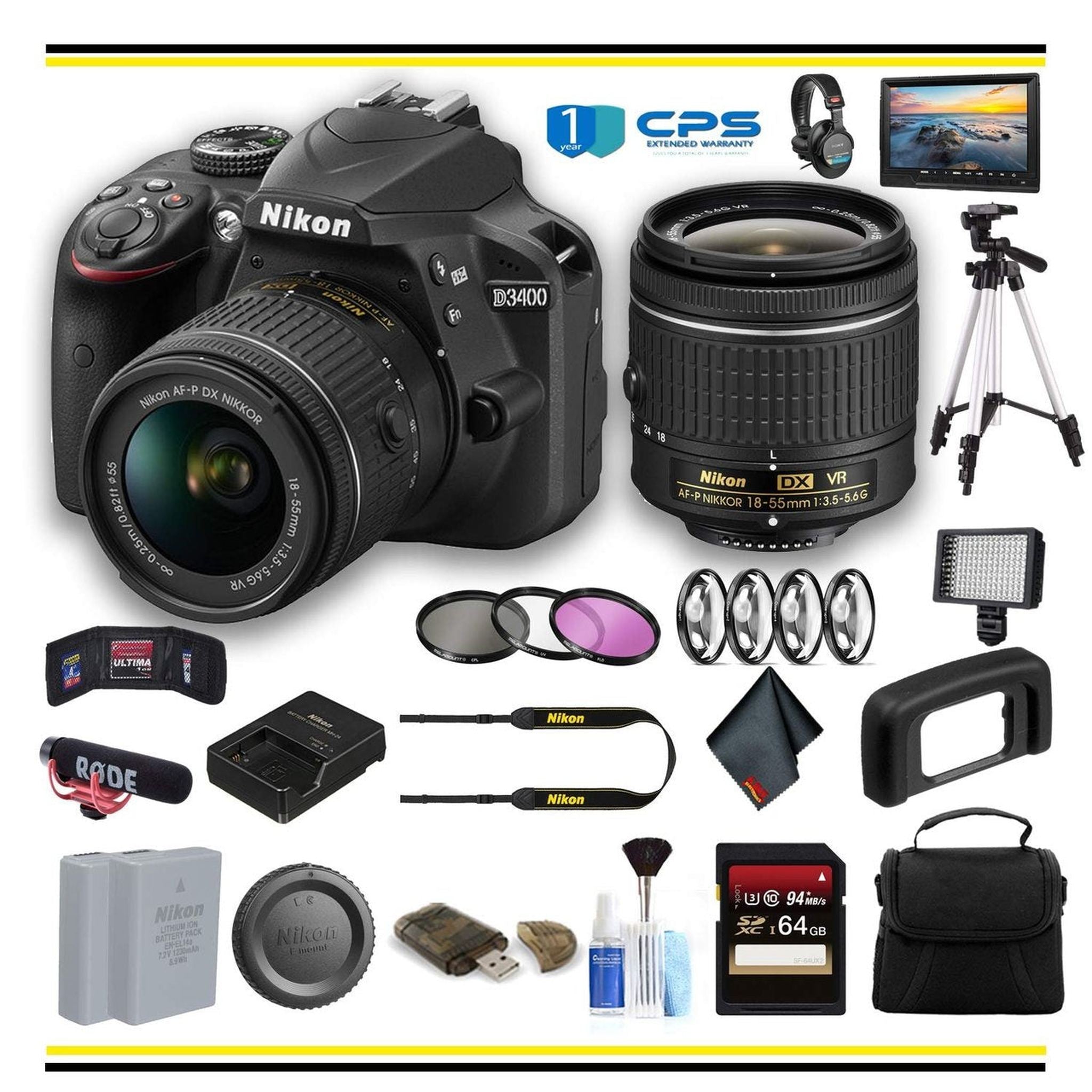 Nikon D3400 DSLR Camera with 18-55mm Lens 1571 Professional Bundle W/Bag, Extra Battery, LED Light, Mic, Filters, Tripod, Monitor and More