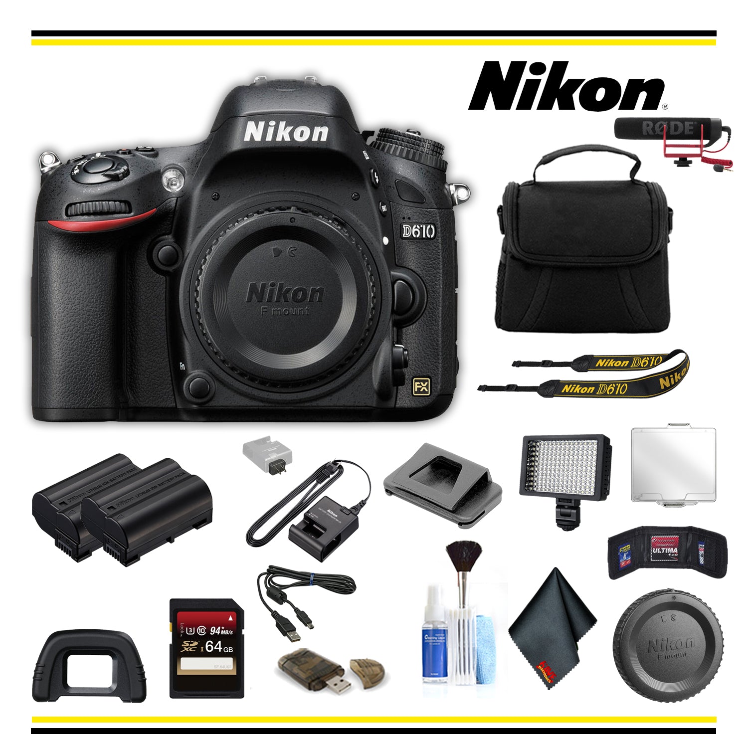 Nikon D610 DSLR Camera (1540 ) Advanced Bundle W/ Bag, Extra Battery, LED Light, Mic, and More - (International Model )