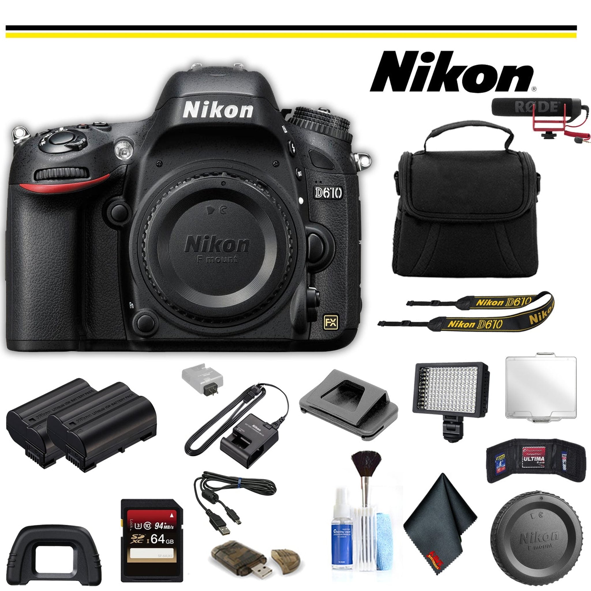 Nikon D610 DSLR Camera 1540 Advanced Bundle W/ Bag, Extra Battery, LED Light, Mic, and More - International Model Nikon