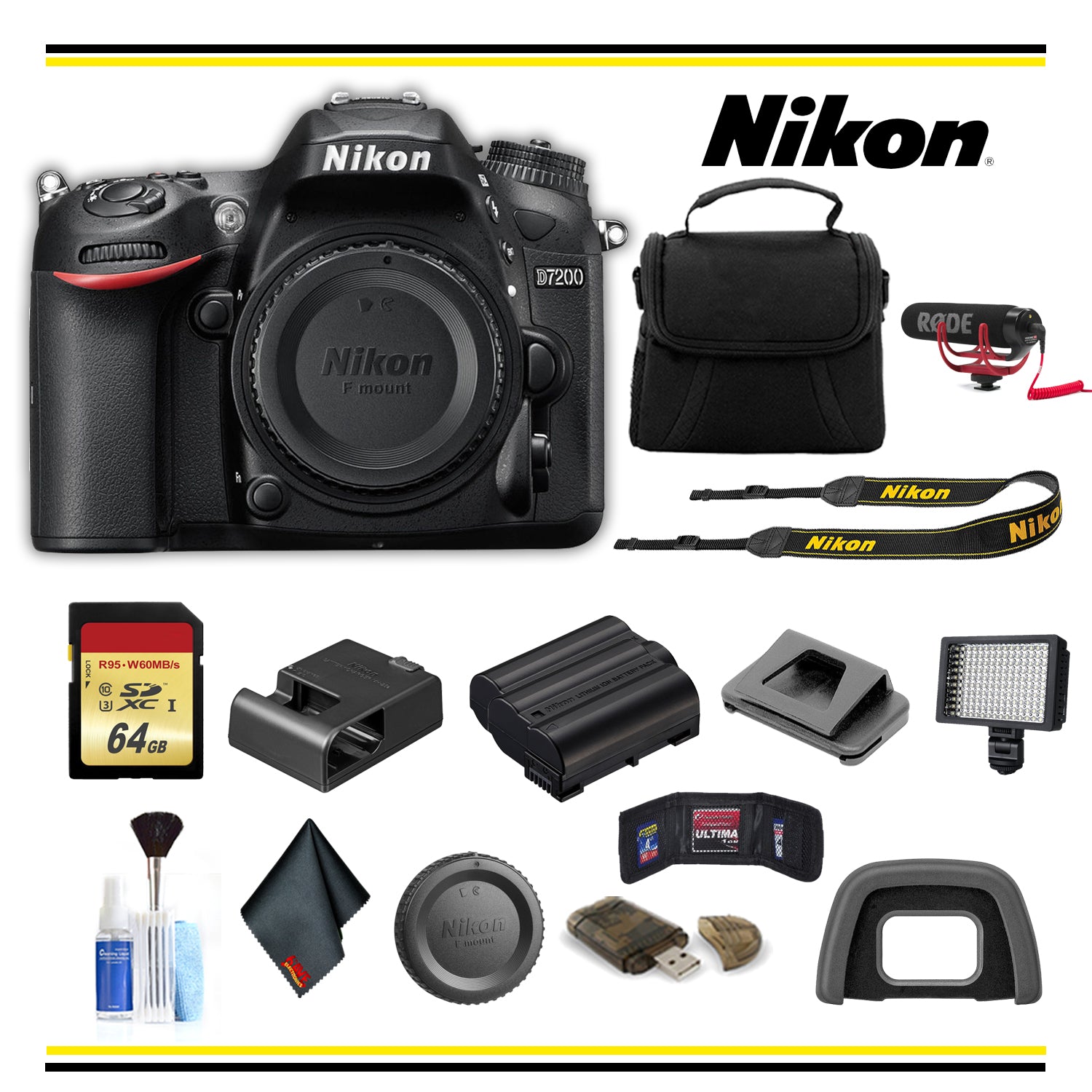 Nikon D7200 DSLR Camera (1554 ) Advanced Bundle W/ Bag, Extra Battery, LED Light, Mic, and More - (International Model )