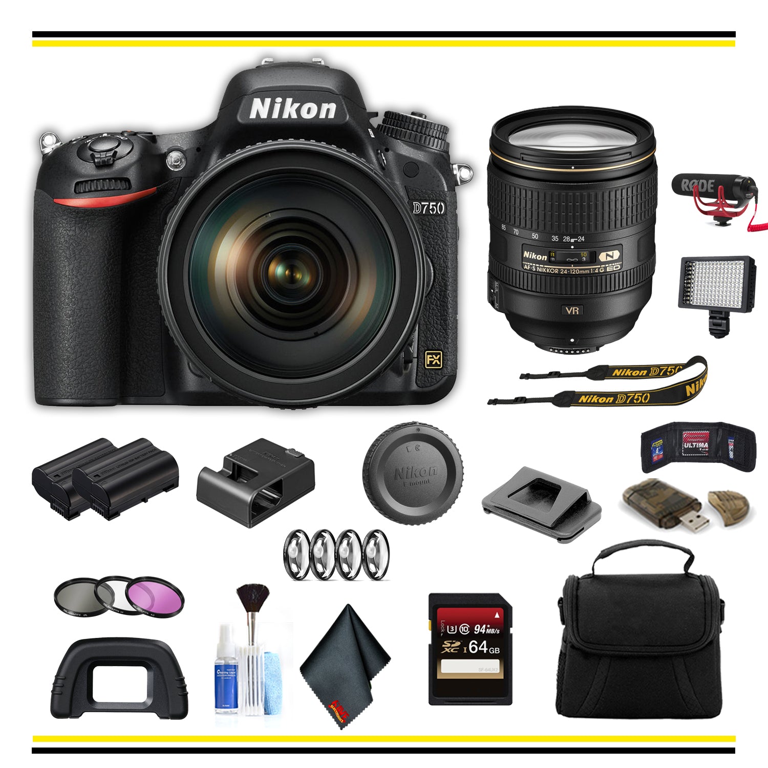 Nikon D750 DSLR Camera with 24-120mm Lens (1549 ) Advanced Bundle W/ Bag, Extra Battery, LED Light, Mic, Filters and More- (International Model )