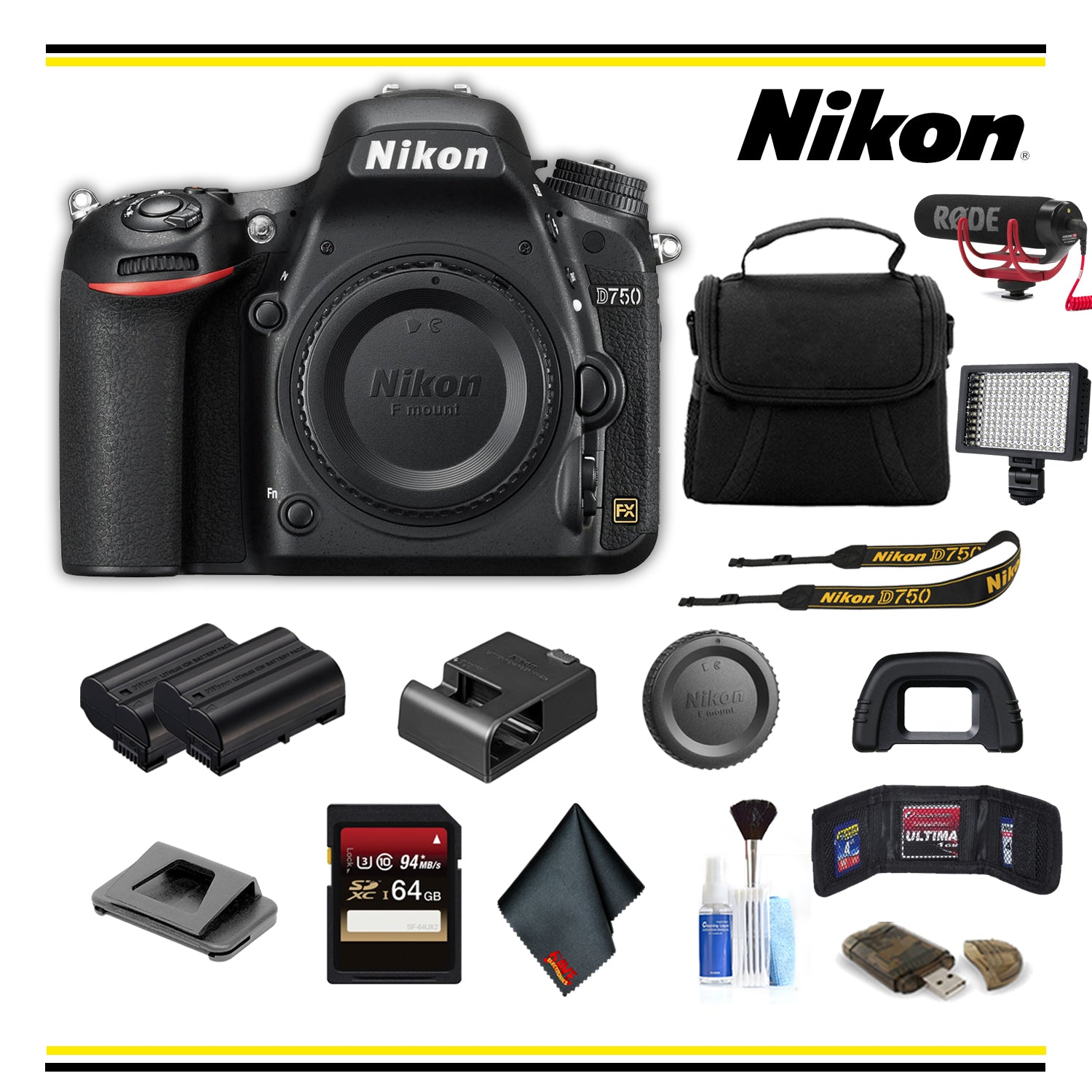 Nikon D750 DSLR Camera (1543 ) Advanced Bundle W/ Bag, Extra Battery, LED Light, Mic, and More- (International Model )