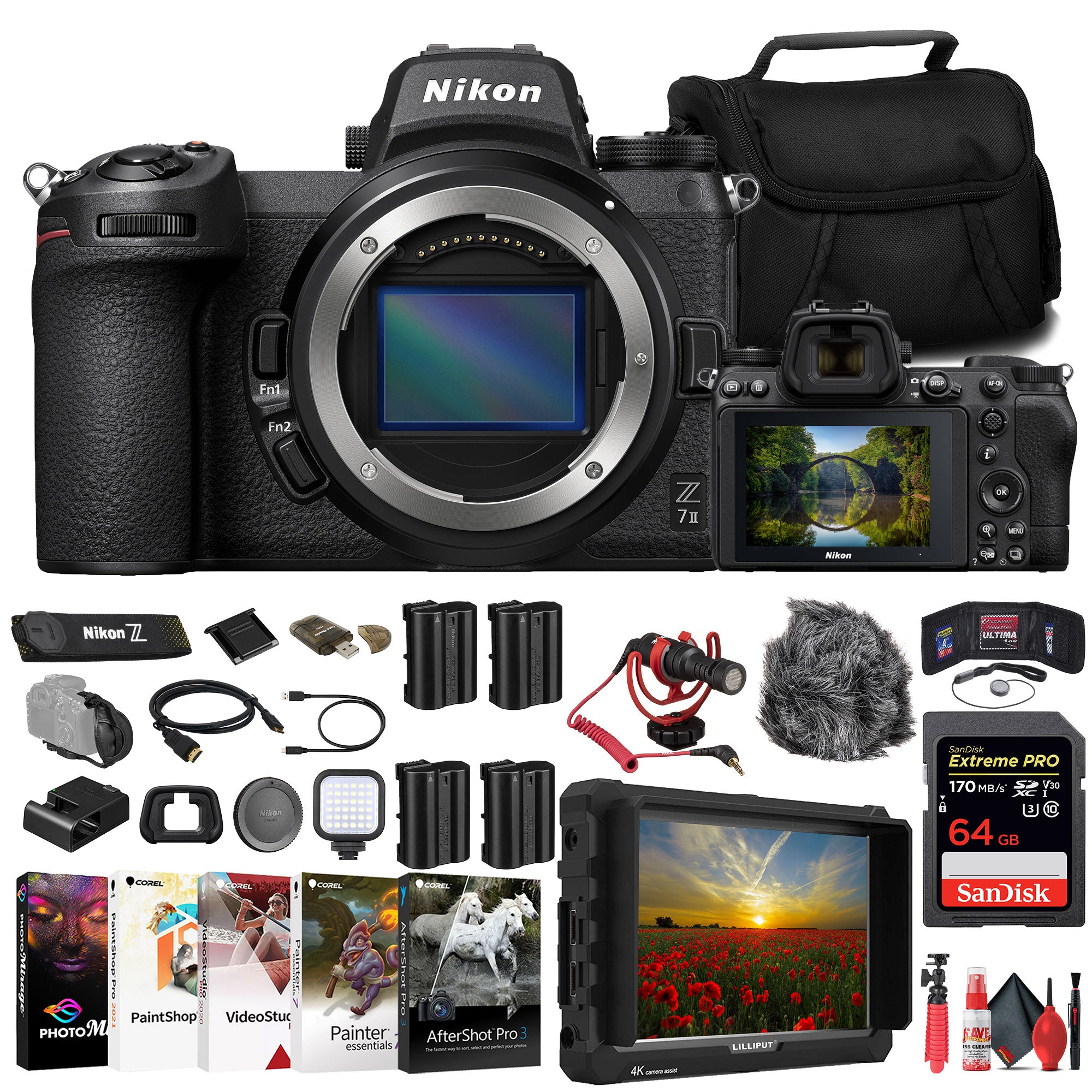 Nikon Z7 II Mirrorless Camera + 4K Monitor + 64GB Card + Bag + 3 x Battery + More