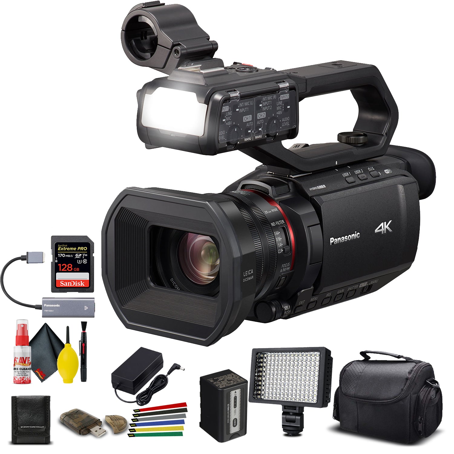 Panasonic AG-CX10 4K Camcorder + Padded Case, Sandisk Extreme Pro 128 GB Memory Card, Wire Straps, LED Light, And More?