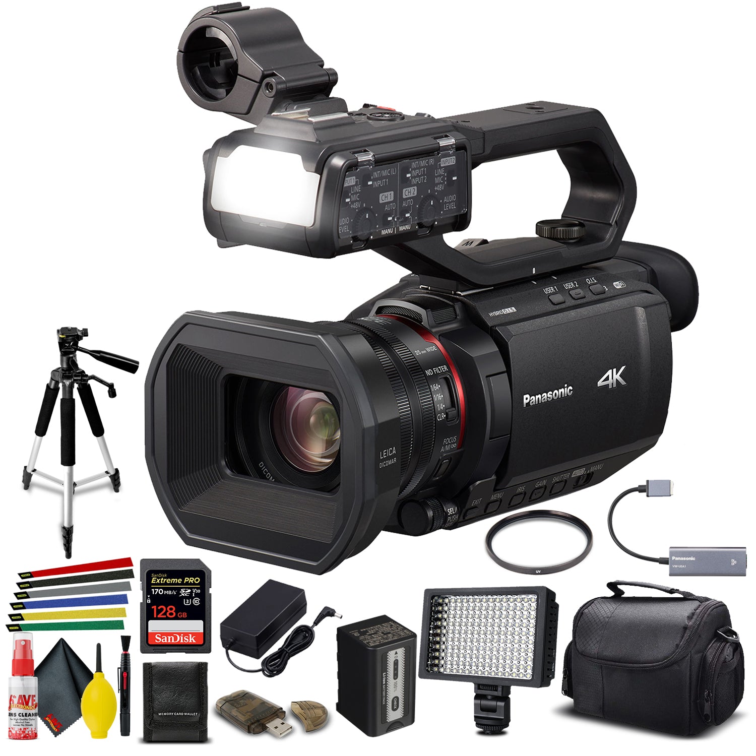 Panasonic AG-CX10 4K Camcorder + Padded Case, Sandisk Extreme Pro 128 GB Memory Card, Heavy Duty Tripod, Wire Straps, LED Light, And More?