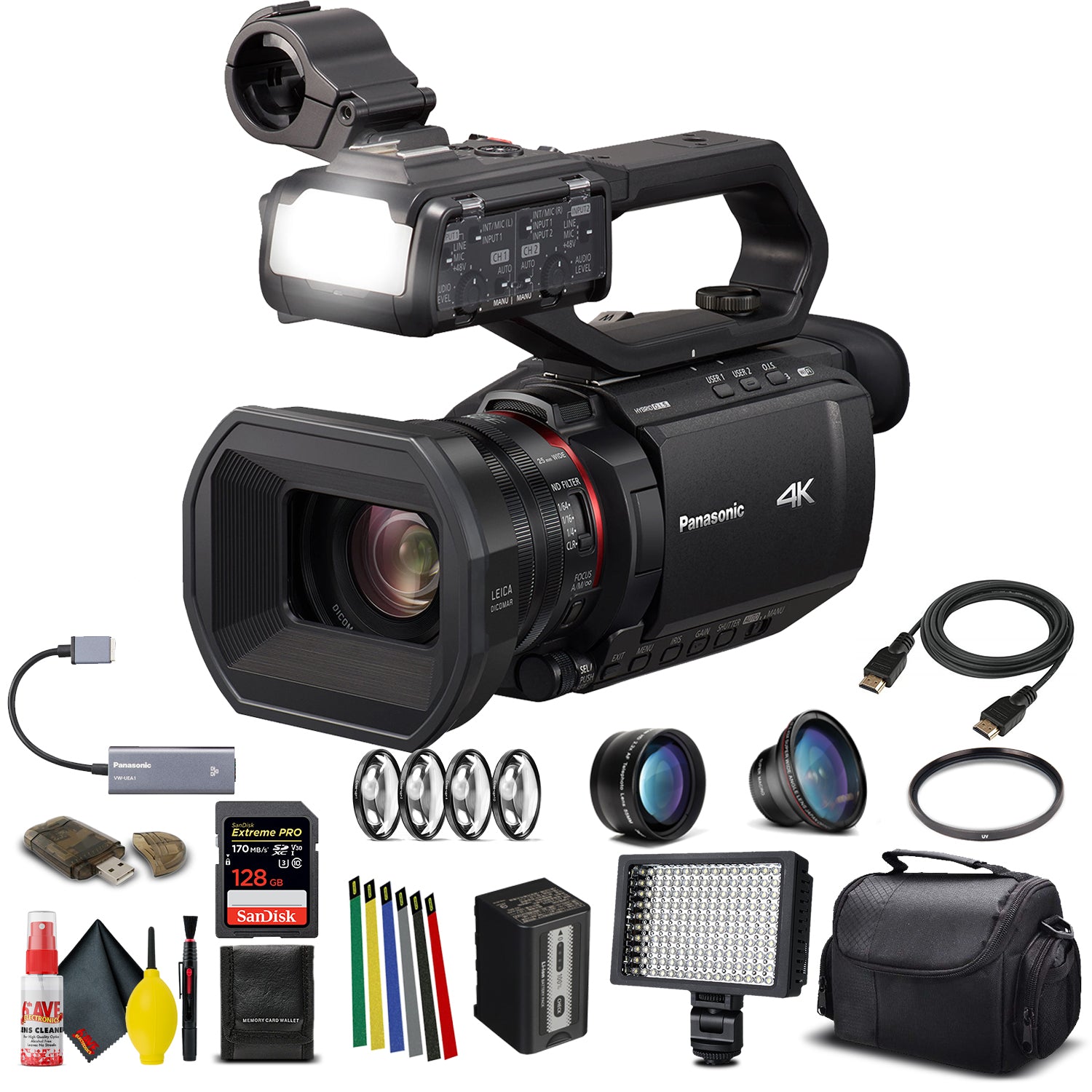 Panasonic AG-CX10 4K Camcorder + Padded Case, Sandisk Extreme Pro 128 GB Memory Card, Lens Attachments, Wire Straps, LED Light, And More?