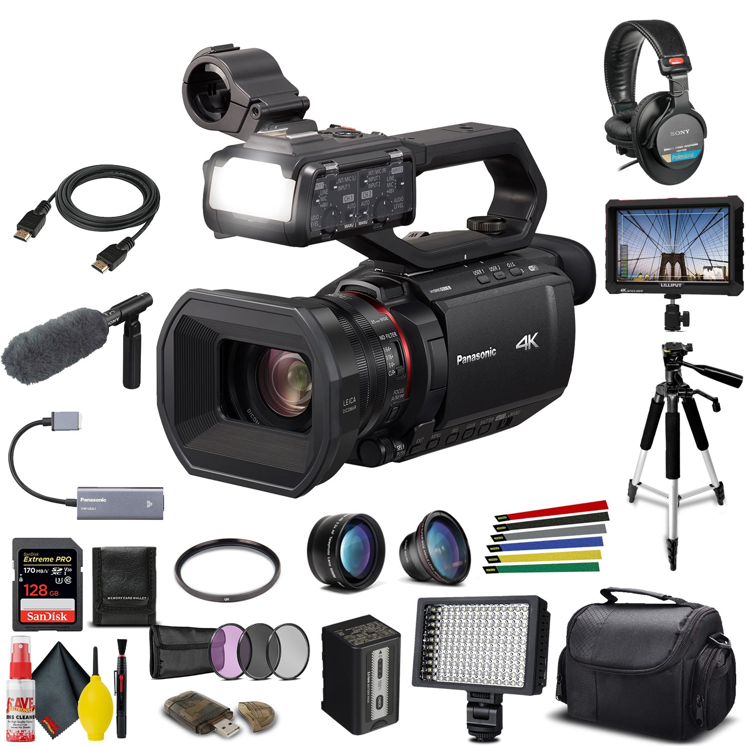 Panasonic AG-CX10 4K Camcorder with NDI/HX + Padded Case, Sandisk Extreme Pro 128 GB Memory Card, Tripod, Lens Filters, Sony Headphones, Sony Mic, External 4K Monitor, Wire Straps, LED Light, And More
