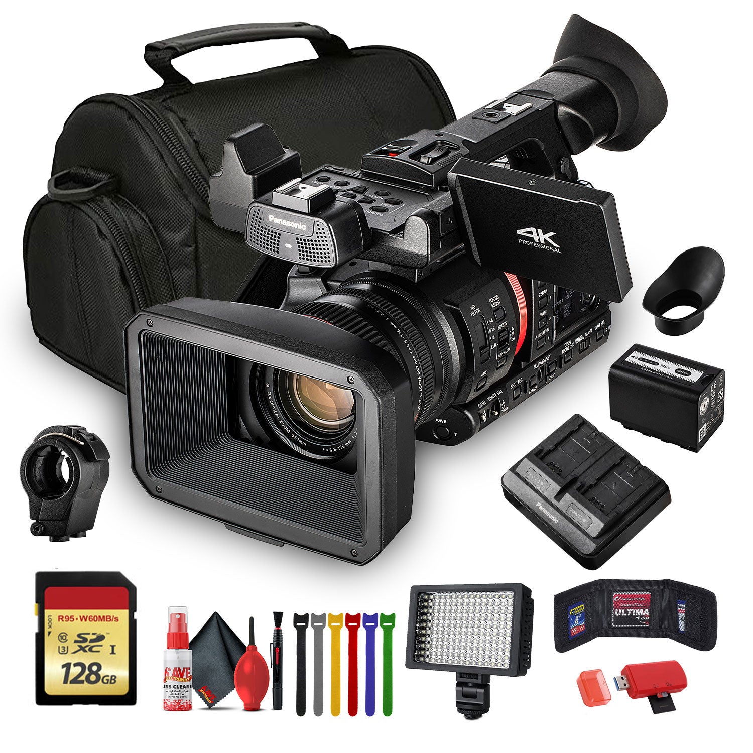Panasonic AG-CX350 4K Camcorder AG-CX350 W/Padded Case, 128 GB Memory Card, Wire Straps, LED Light, and More