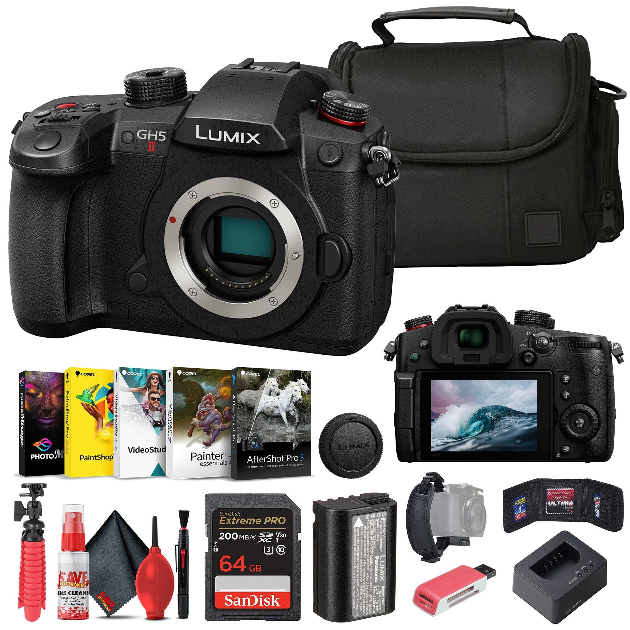 Panasonic Lumix GH5 II Mirrorless Camera + Corel Photo Software + Bag + 64GB Card + More Panasonic