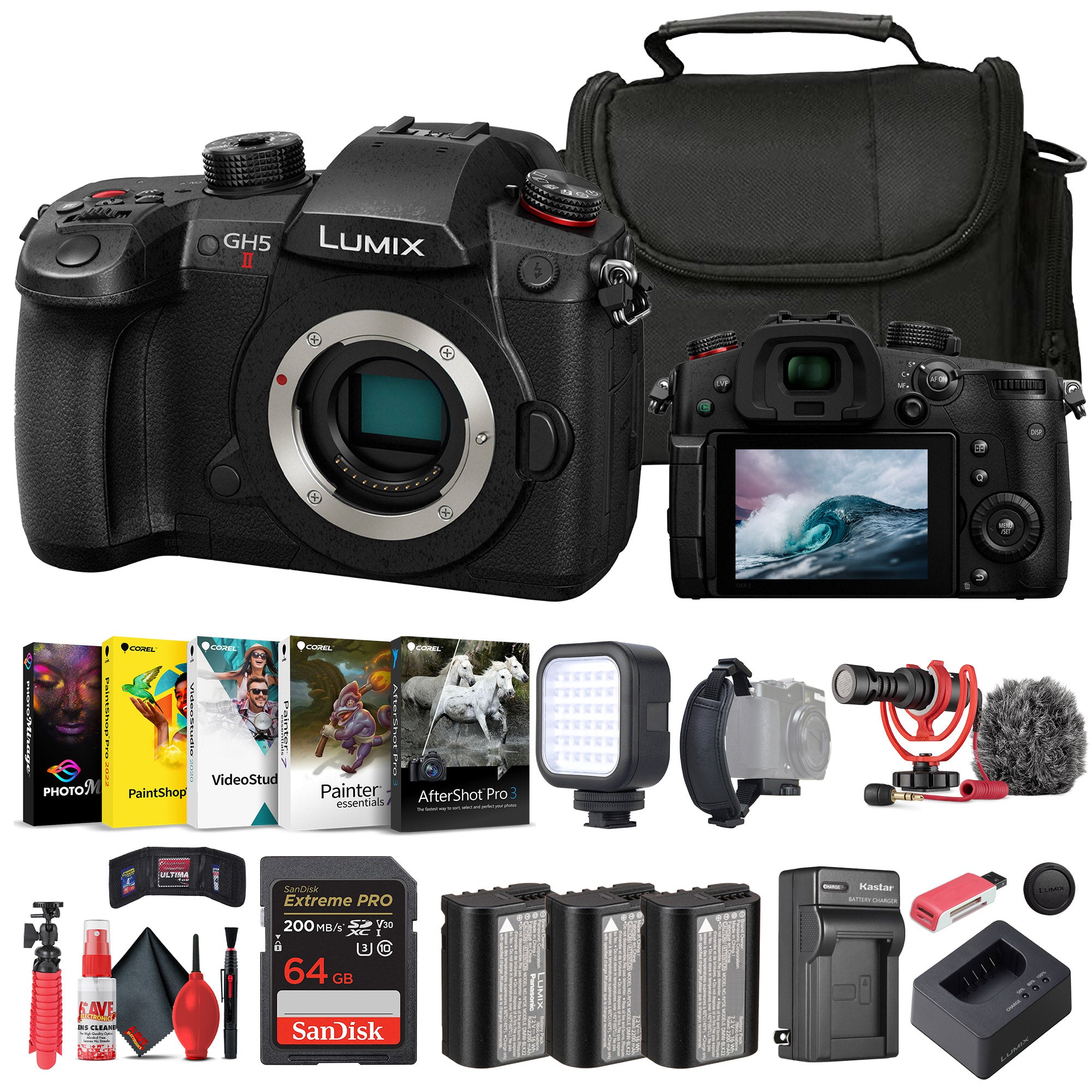 Panasonic Lumix GH5 II Mirrorless Camera + Corel Photo Software + Bag + More