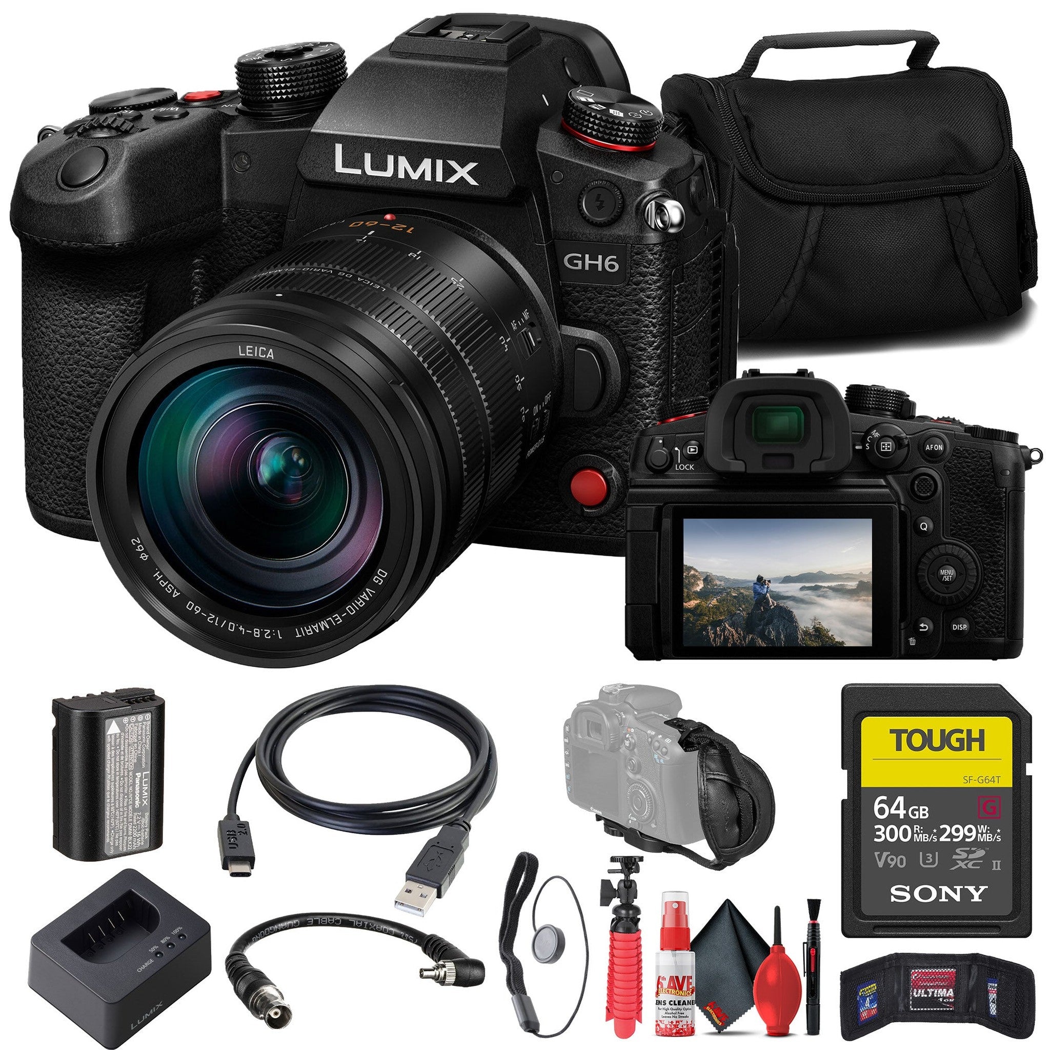Panasonic Lumix GH6 Mirrorless Camera W/ 12-60mm f/2.8-4 Lens + 64GB Card + More Panasonic