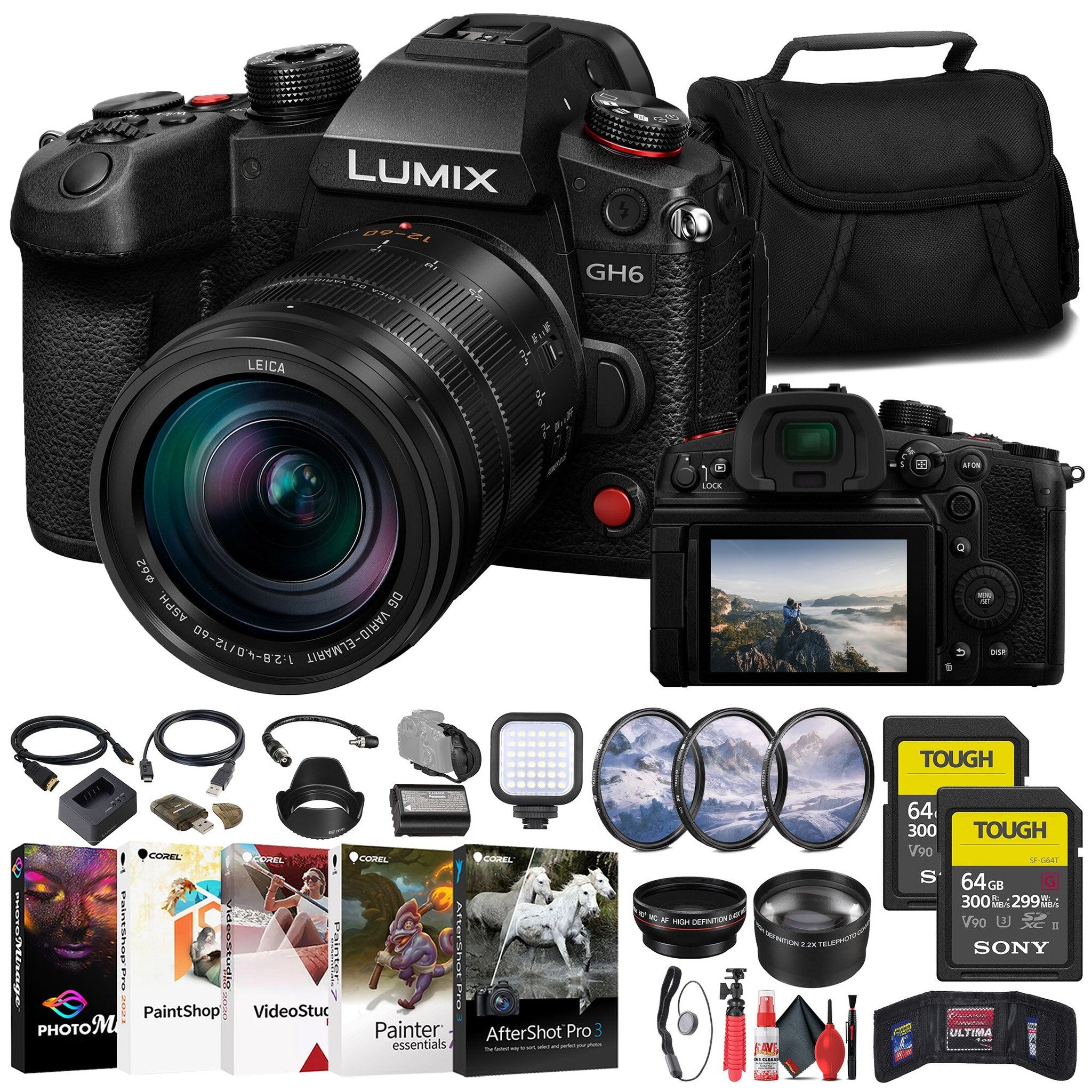 Panasonic Lumix GH6 Mirrorless Camera W/ 12-60mm Lens + 2 x 64GB Card + More Panasonic