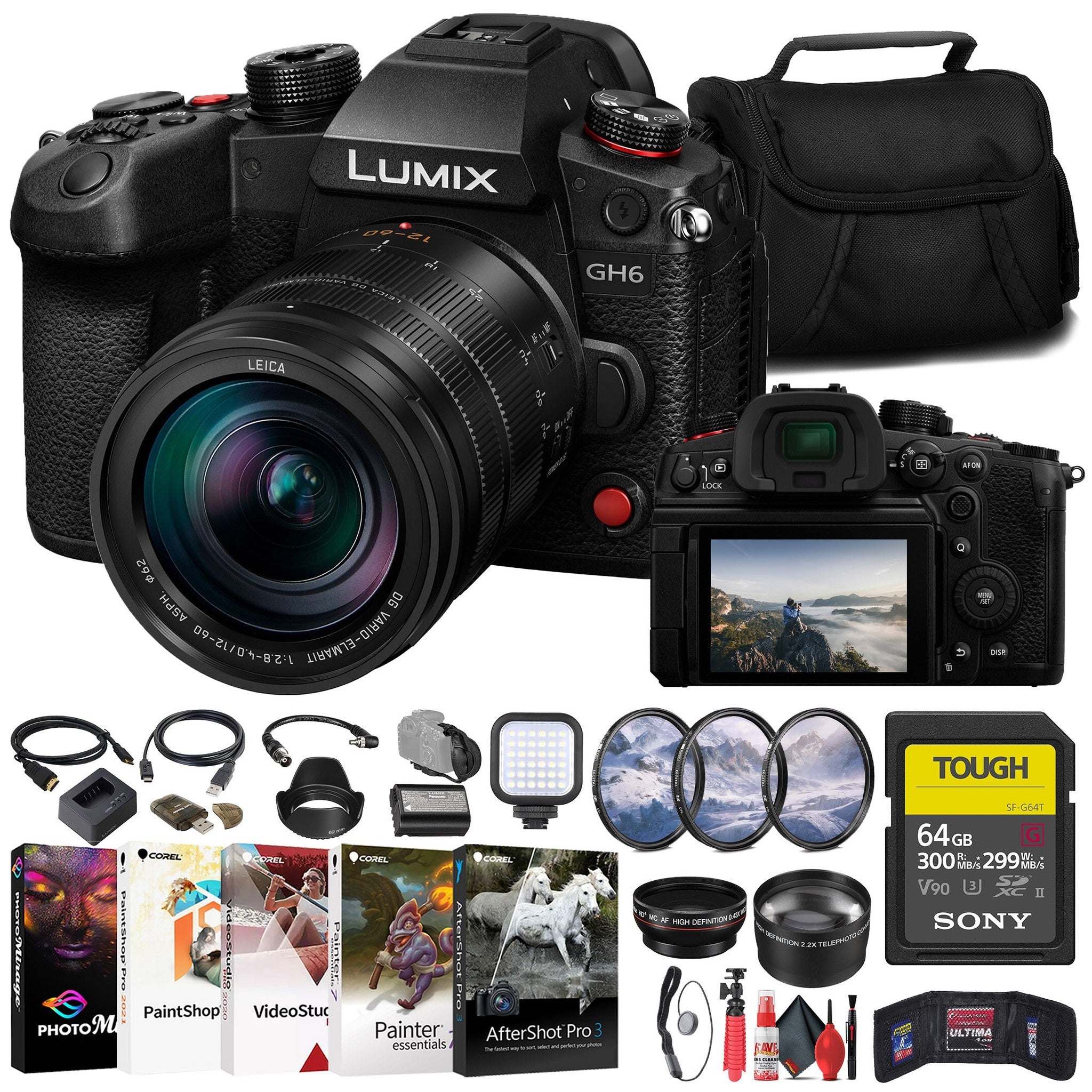 Panasonic Lumix GH6 Mirrorless Camera W/ 12-60mm Lens + Sony 64GB Card + More Panasonic