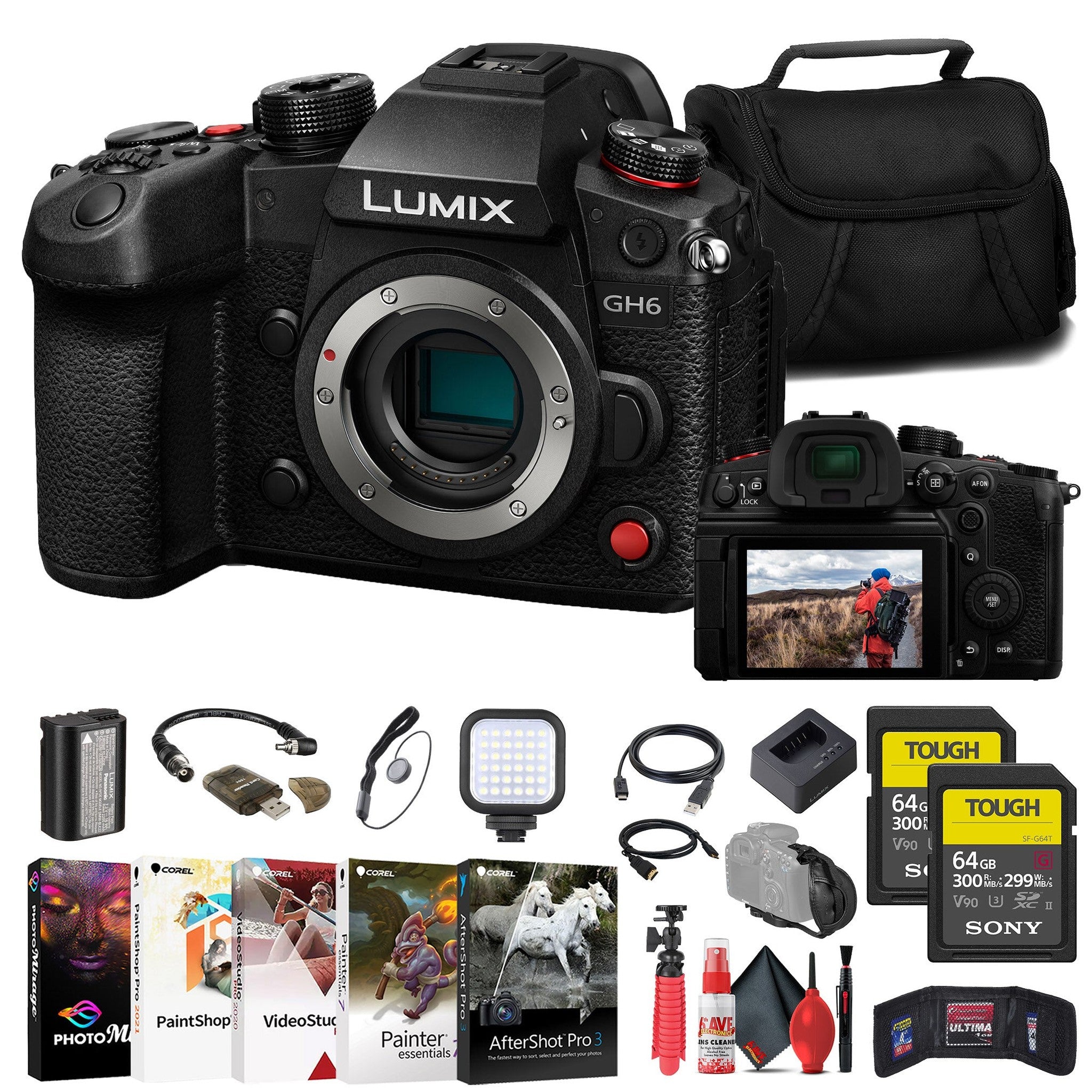 Panasonic Lumix GH6 Mirrorless Camera + 2 x Sony 64GB TOUGH SD Card + More - Reconditioned Panasonic