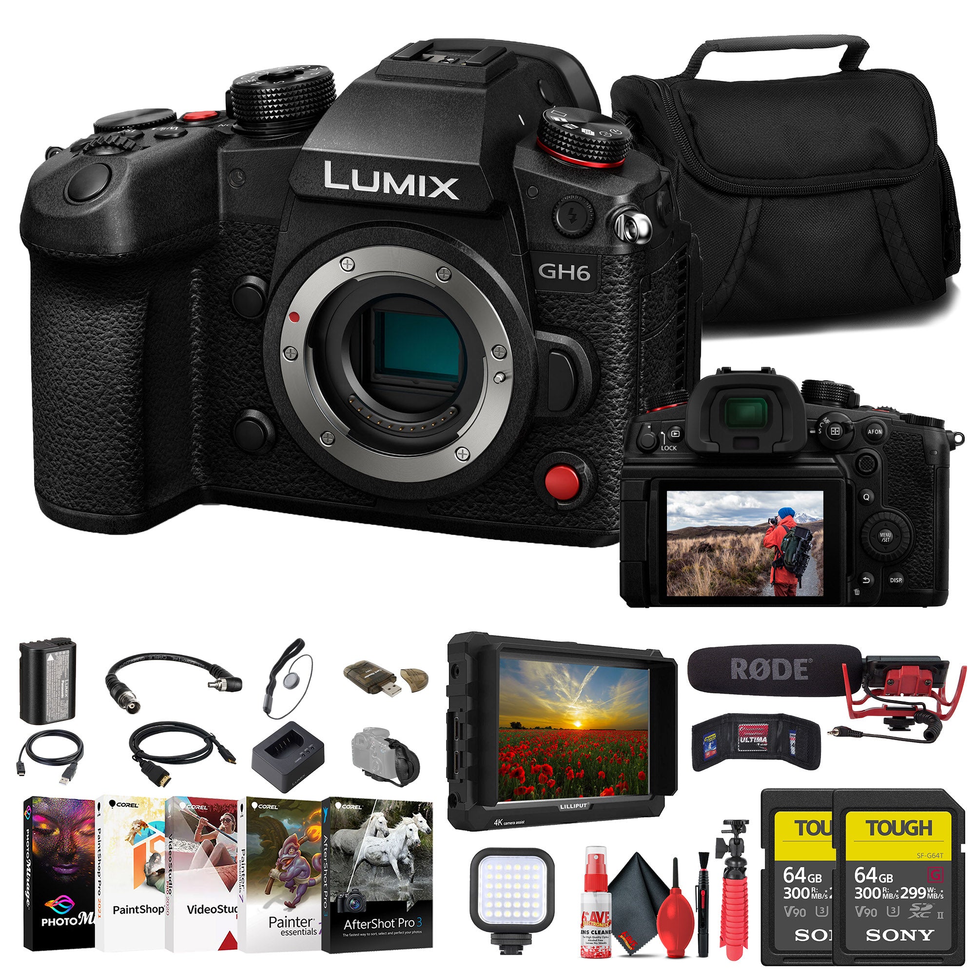 Panasonic Lumix GH6 Mirrorless Camera + 4K Monitor + VideoMic + 64GB Card + More