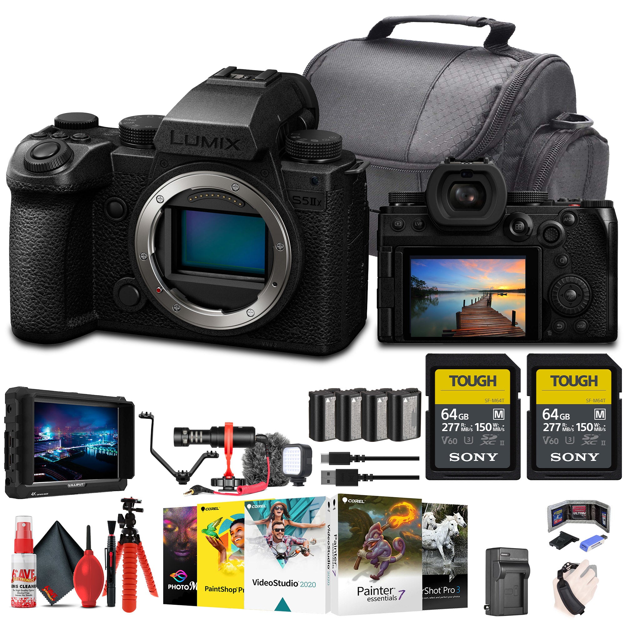 Panasonic Lumix S5 IIX Mirrorless Camera + 4K Monitor + 2 x 64GB Memory Cards + More