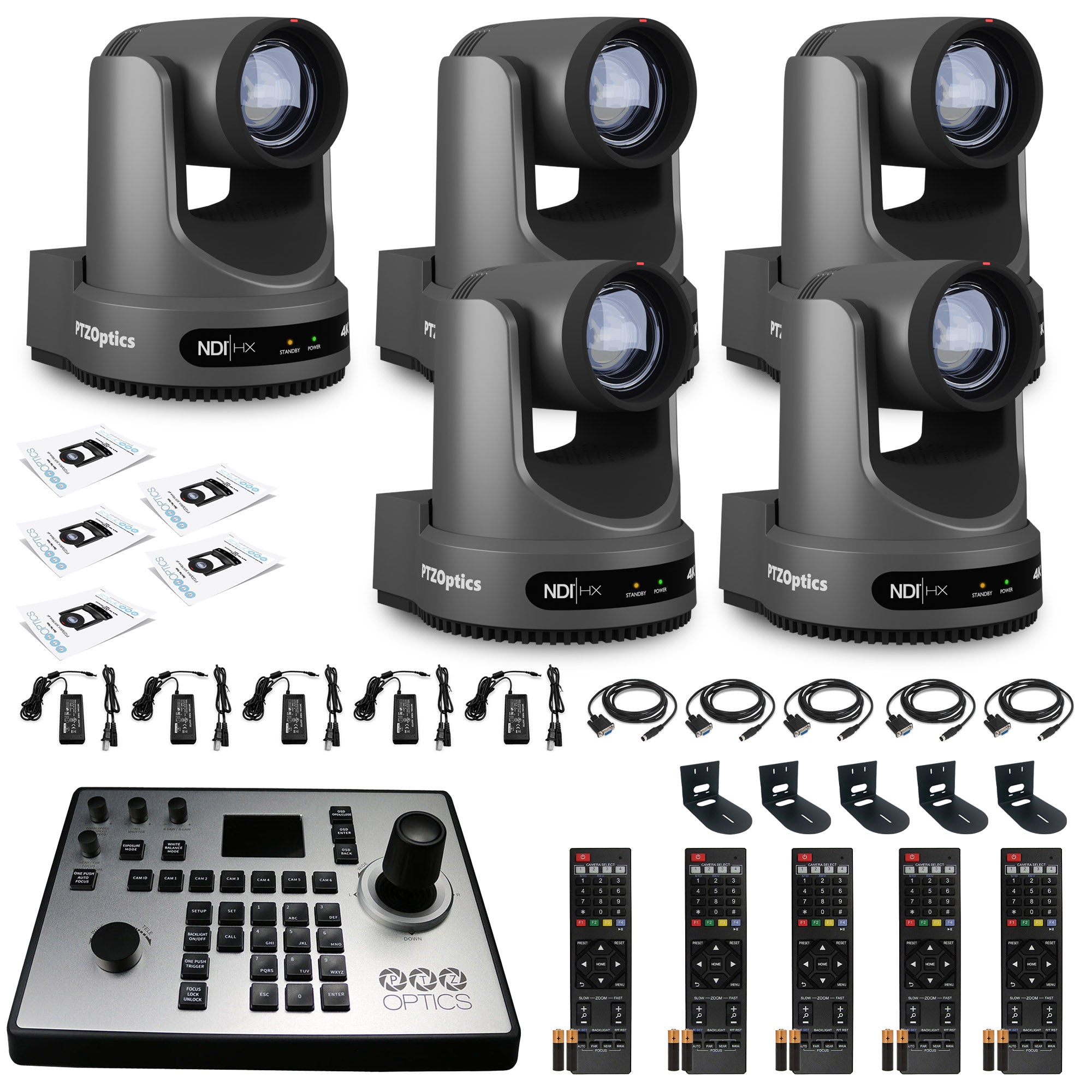 5 x PTZOptics Move 4K PTZ Camera with 12x Zoom (Gray) (PT12X-4K-GY-G3) + PT-JOY-G4 Controller + 5 x Wall Mount