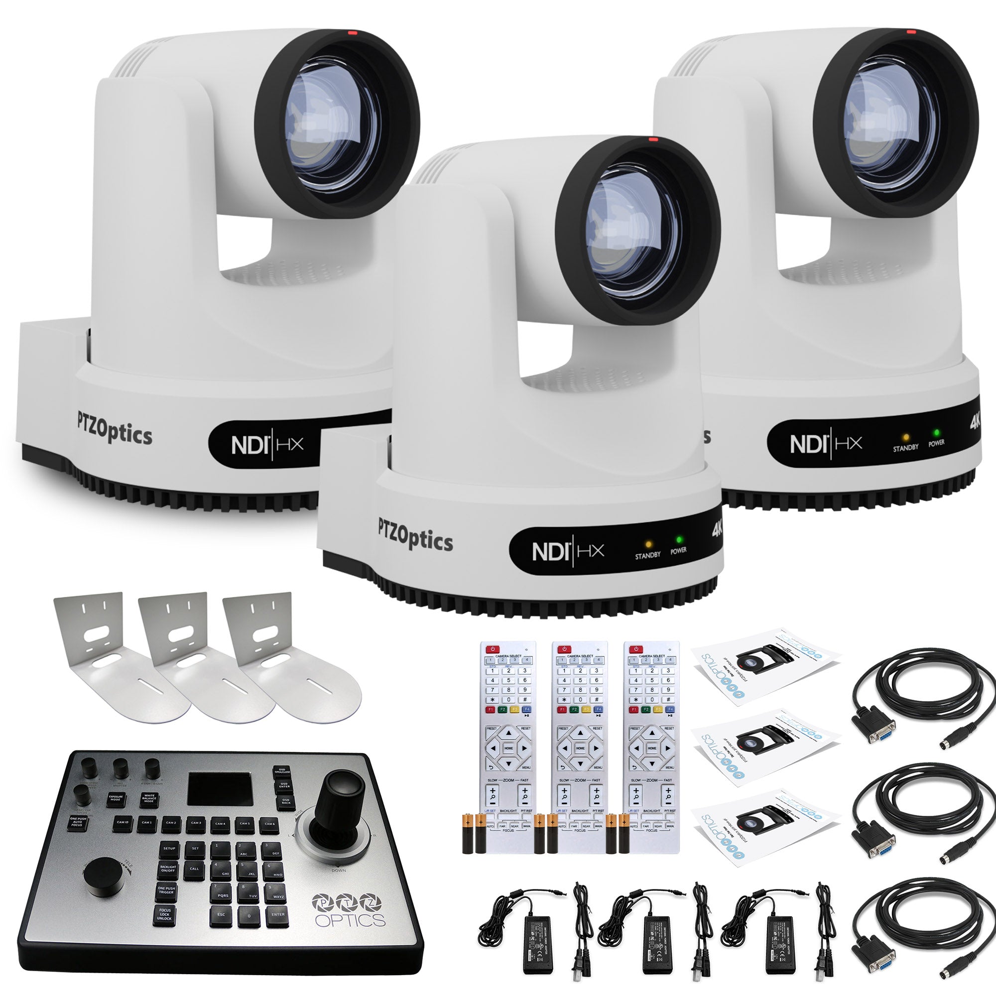 3 x PTZOptics Move 4K PTZ Camera with 12x Zoom White PT12X-4K-WH-G3 + PT-JOY-G4 Controller + 3 x Wall Mount