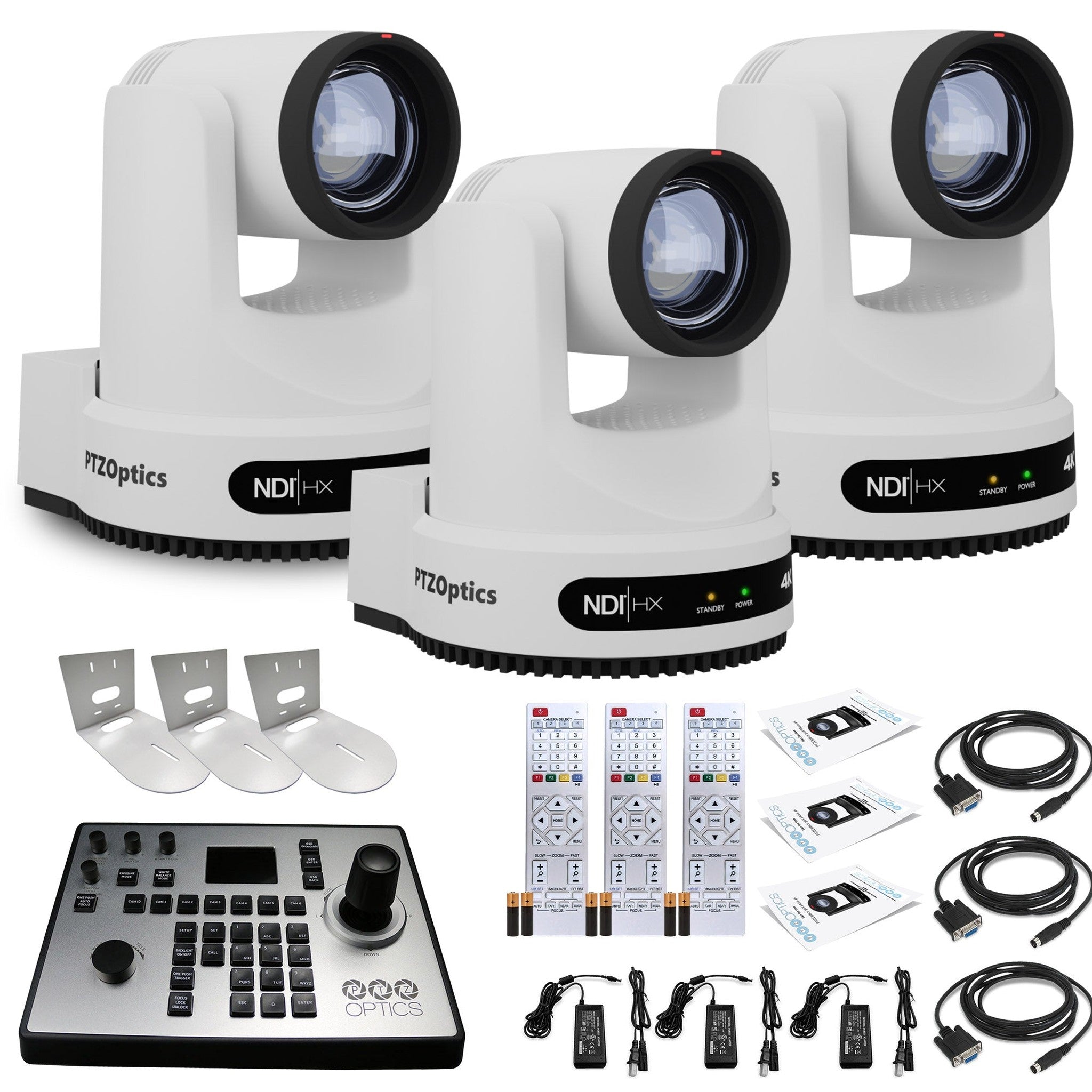 3 x PTZOptics Move 4K PTZ Camera with 12x Zoom White PT12X-4K-WH-G3 + PT-JOY-G4 Controller + 3 x Wall Mount PTZOptics