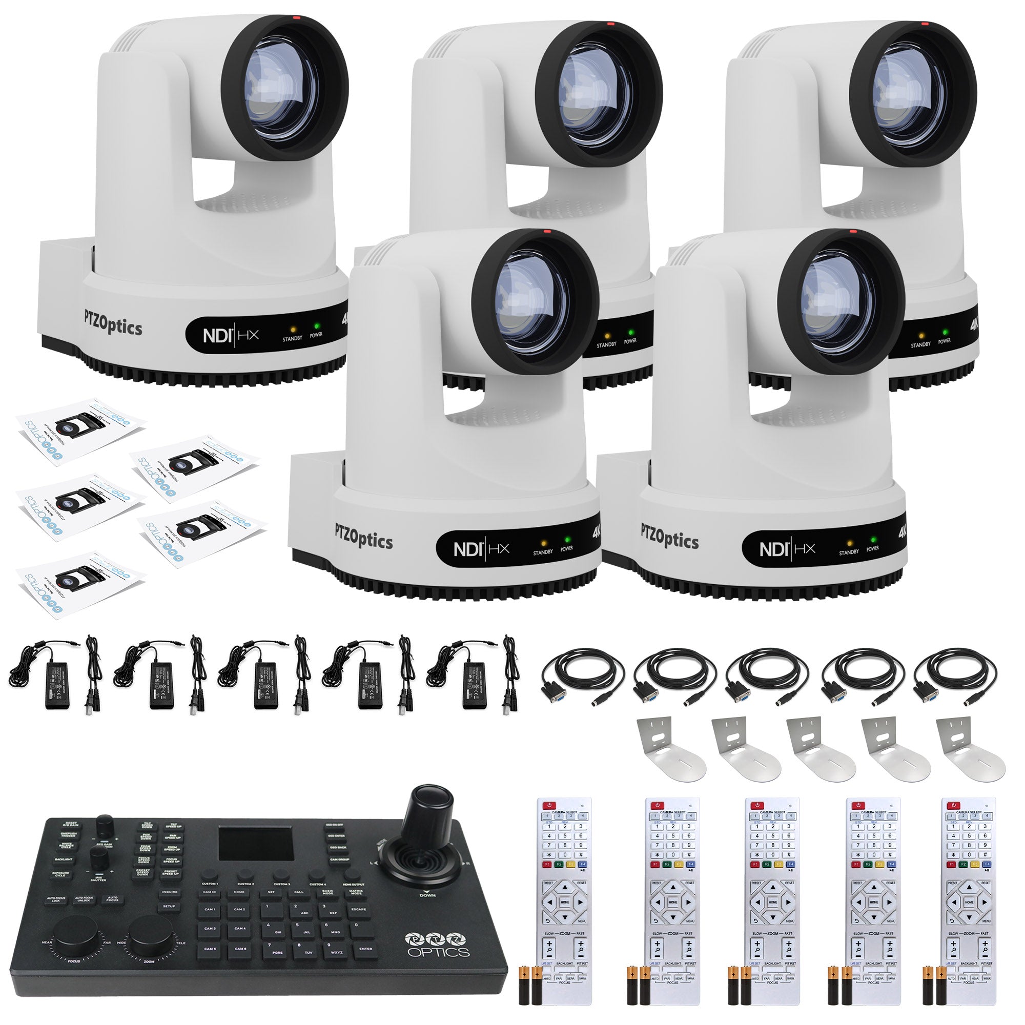 5 x PTZOptics Move 4K PTZ Camera with 12x Zoom White PT12X-4K-WH-G3 + SuperJoy PTZ Controller + 5 x Wall Mount