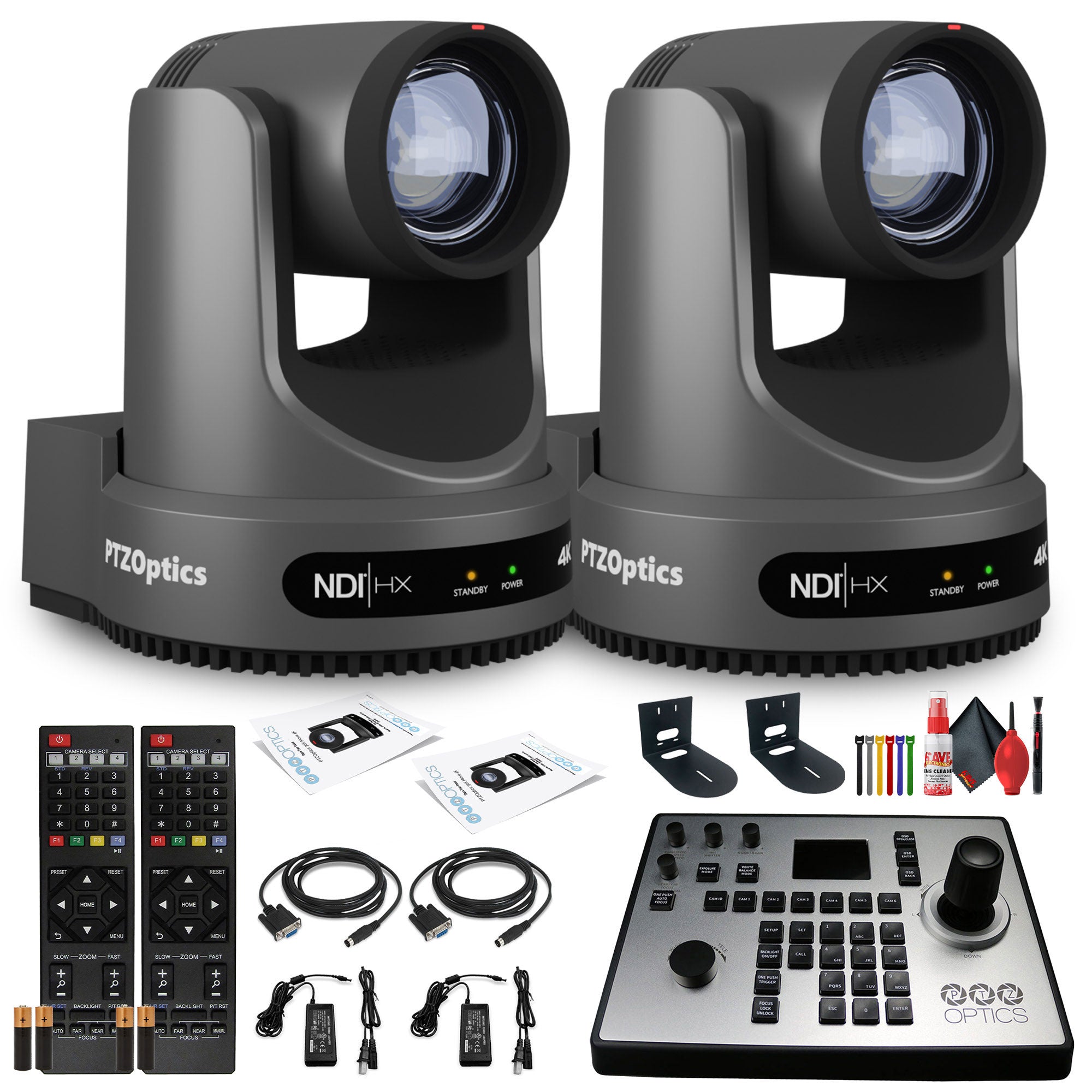 2 x PTZOptics Move 4K PTZ Camera with 20x Zoom Gray PT20X-4K-GY-G3 + PT-JOY-G4 Controller + 2 x Wall Mount