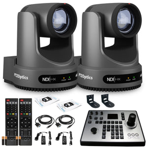 2 x PTZOptics Move 4K PTZ Camera with 20x Zoom Gray PT20X-4K-GY-G3 + PT-JOY-G4 Controller + 2 x Wall Mount