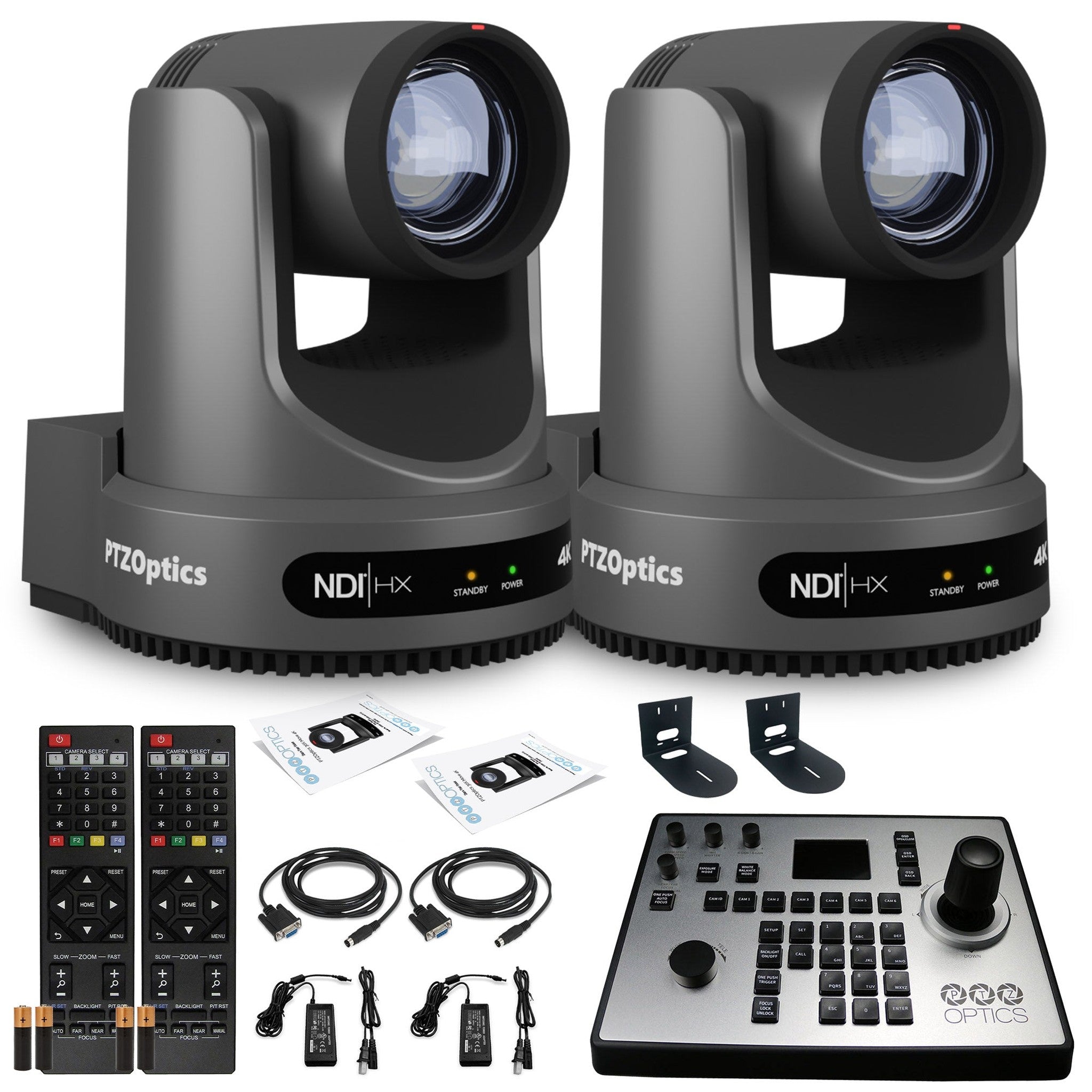 2 x PTZOptics Move 4K PTZ Camera with 20x Zoom Gray PT20X-4K-GY-G3 + PT-JOY-G4 Controller + 2 x Wall Mount