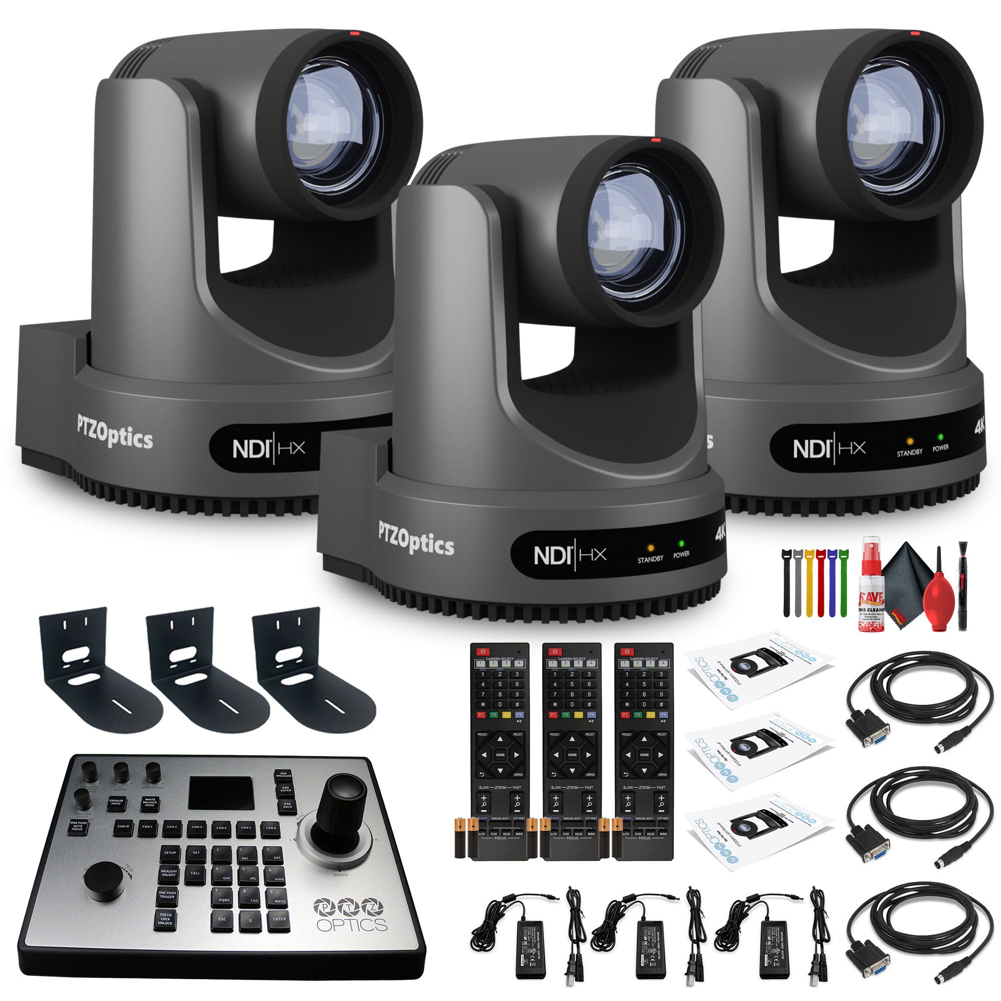 3 x PTZOptics Move 4K PTZ Camera with 20x Zoom Gray PT20X-4K-GY-G3 + PT-JOY-G4 Controller + 3 x Wall Mount