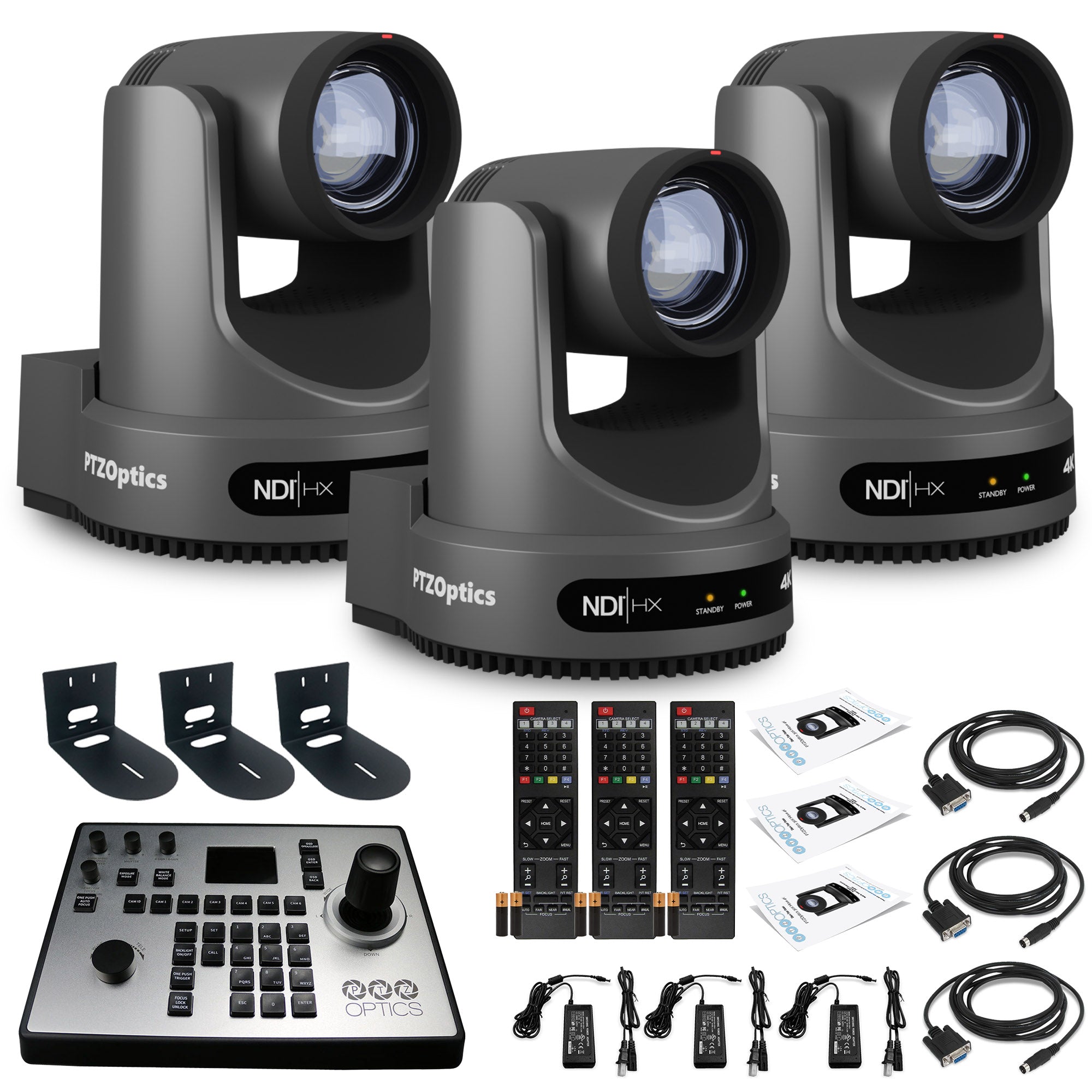 3 x PTZOptics Move 4K PTZ Camera with 20x Zoom Gray PT20X-4K-GY-G3 + PT-JOY-G4 Controller + 3 x Wall Mount