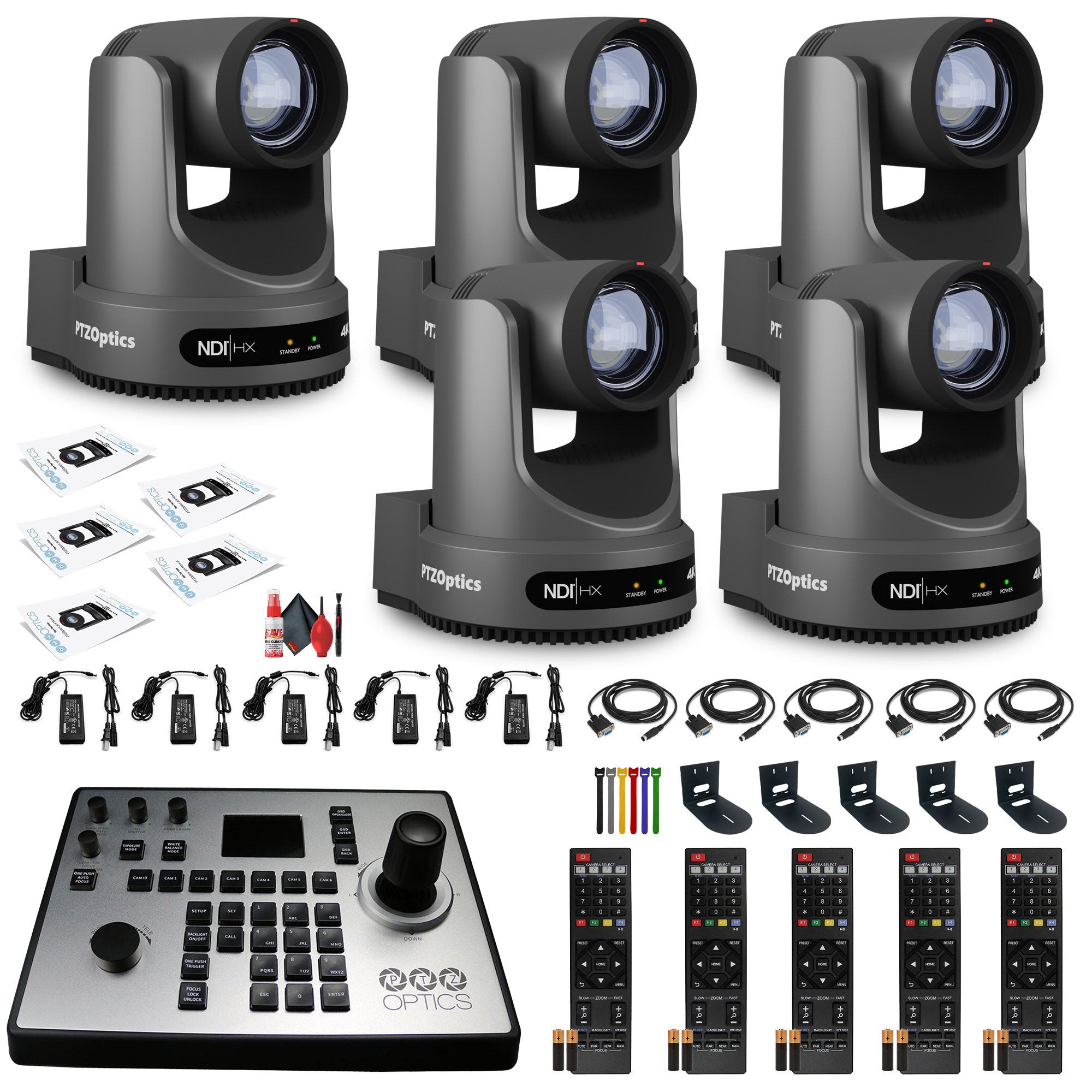 5 x PTZOptics Move 4K PTZ Camera with 20x Zoom (Gray) (PT20X-4K-GY-G3) + PT-JOY-G4 Controller + 5 x Wall Mount