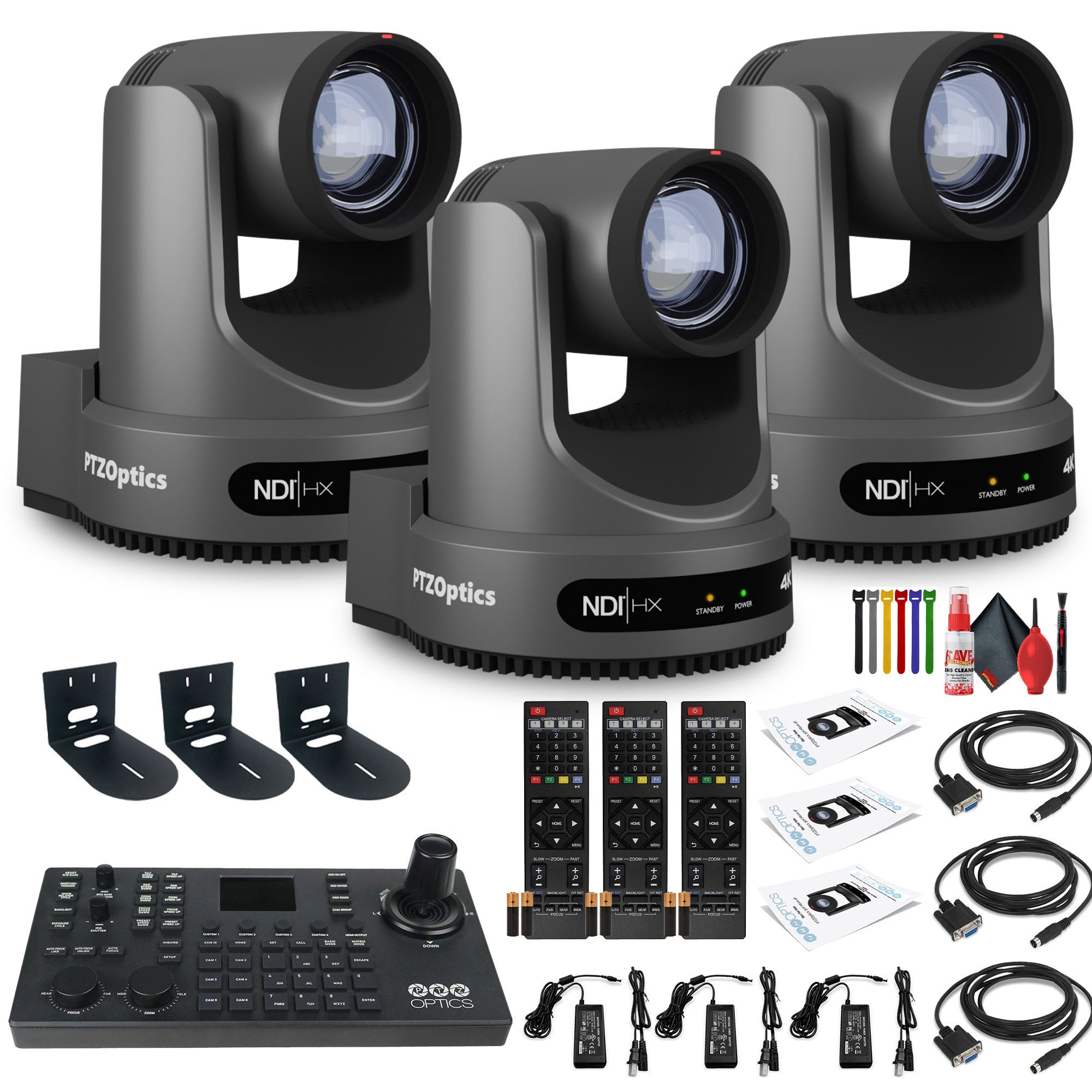 3 x PTZOptics Move 4K PTZ Camera with 20x Zoom Gray PT20X-4K-GY-G3 + SuperJoy PTZ Controller + 3 x Wall Mount